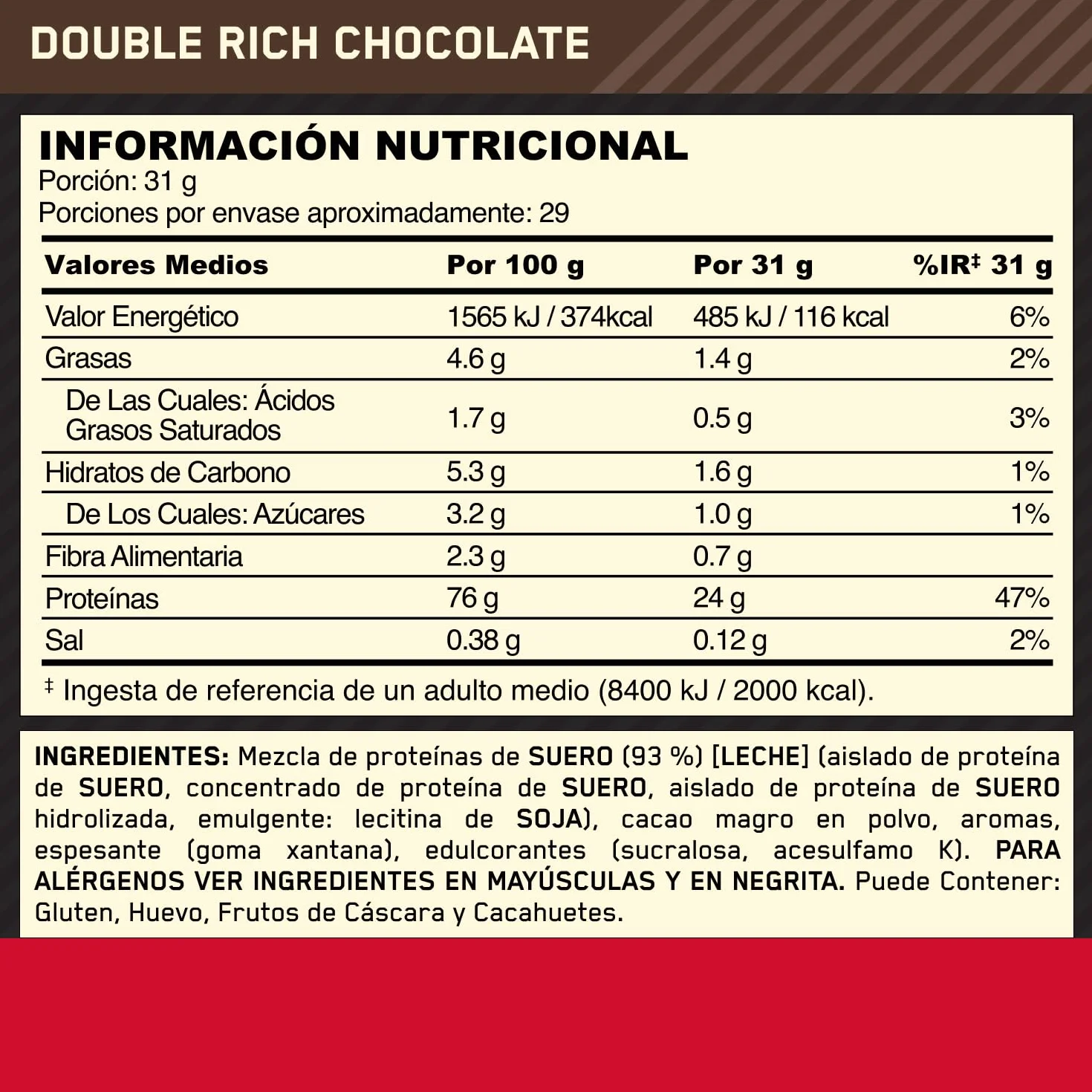 Optimum Nutrition Gold Standard 100% Whey Proteína en Polvo Doble Chocolate 899g 29 Servicios