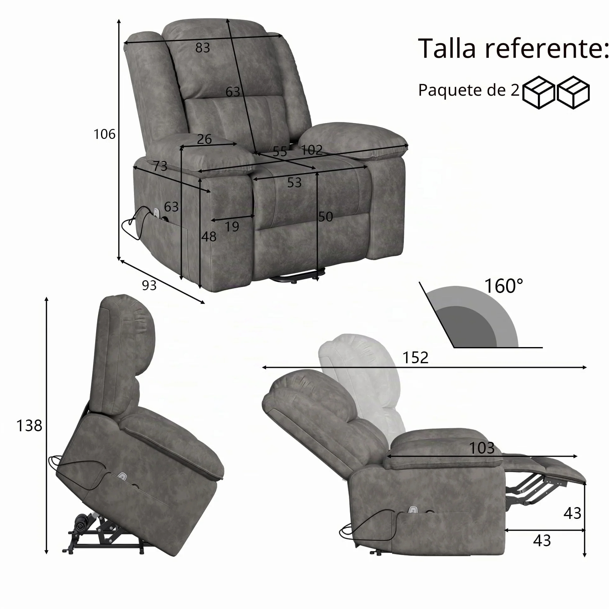 Silla de masaje eléctrica con calefacción reclinable vibración gris