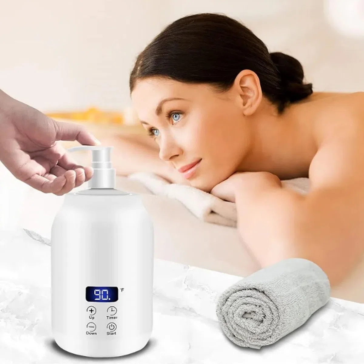 Calentador Aceite Masaje, Temperatura Ajustable 30-65 Grados Masaje de Bienestar Juego de Aceite de Masaje con 2 Botellas Internas de Plástico para Aceites Esenciales Masaje de Espalda