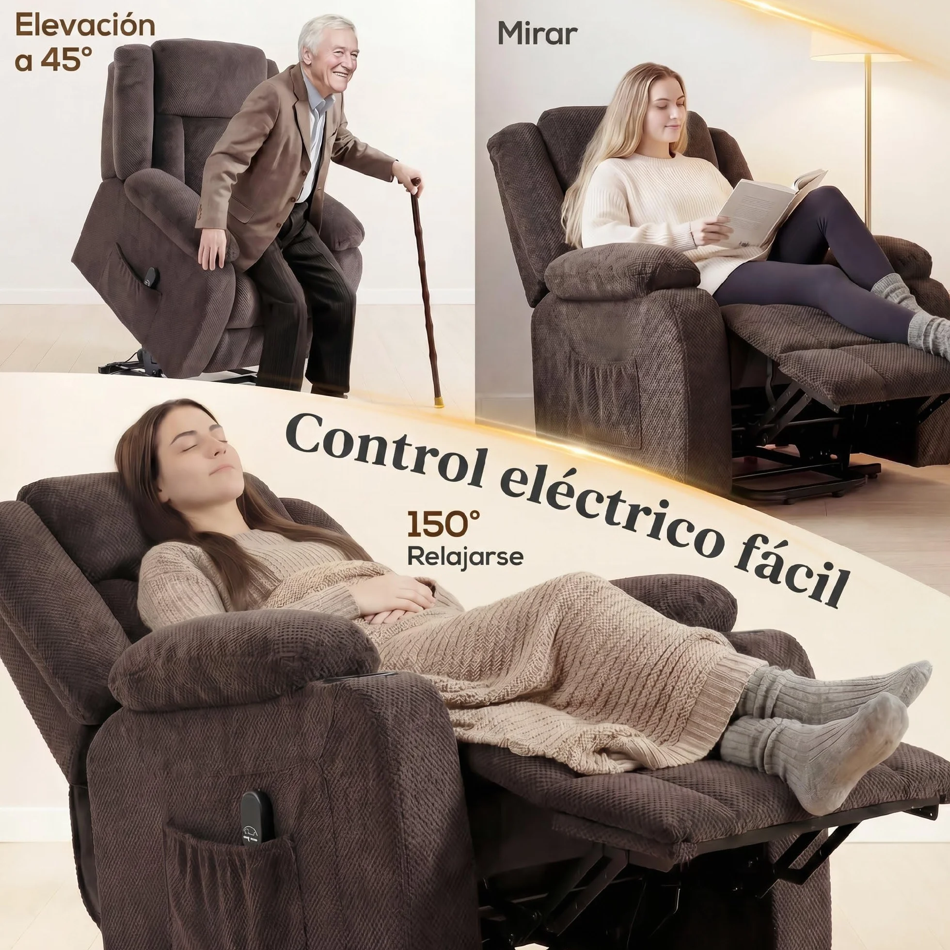 HOMCOM Sillón Relax Reclinable Eléctrico Levanta Personas con Puerto USB, Control Remoto, Asiento Ancho, Terciopelo, Marrón