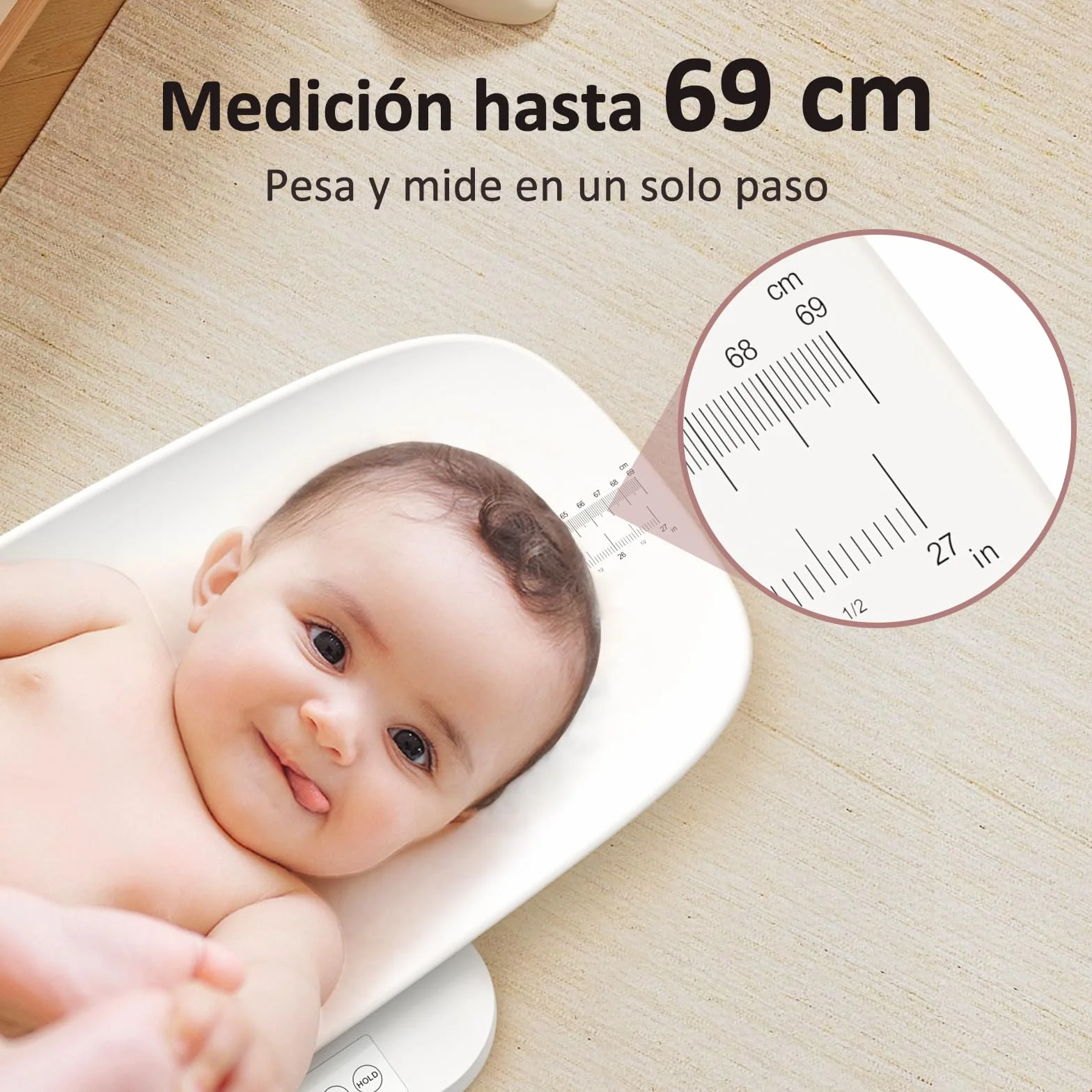 Grownsy Báscula Bebé Digital 150 kg 5 Modos de Pesaje LED Función de Retención Medición de Altura 70 cm