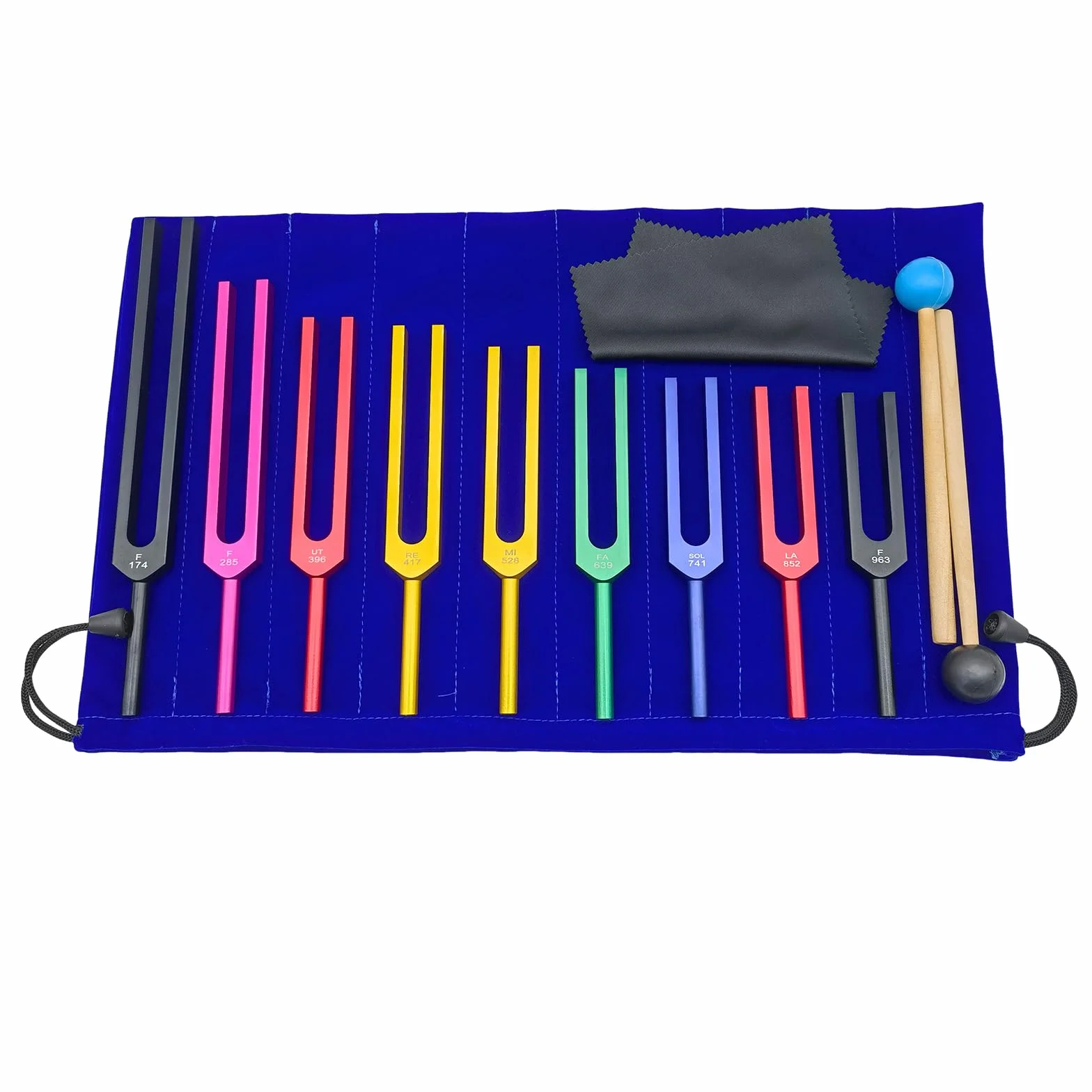 Diapasón Solfeggio, Set de 9 Diapasones de Colores en Aleación de Aluminio con 2 Martillos de Silicona, para Yoga y Relajación (174 Hz, 285 Hz, 396 Hz, 417 Hz, 528 Hz, 639 Hz, 741 Hz, 852 Hz, 963 Hz)