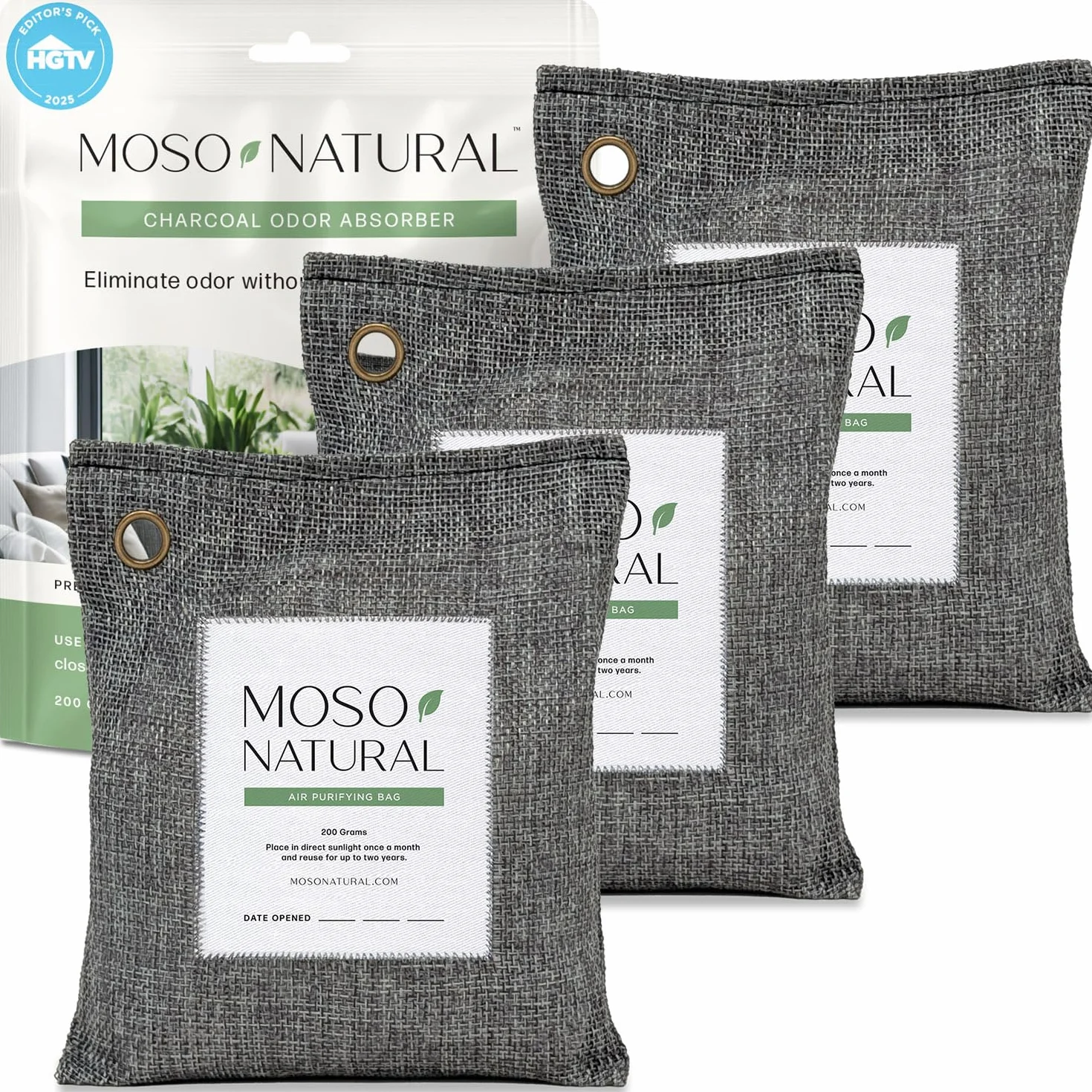 Moso Natural Bolsa purificadora de aire de 200 g (paquete de 3) absorbente de olores de carbón de bambú para el hogar y el automóvil, eliminador de olores de armario, desodorante de habitación pequeña