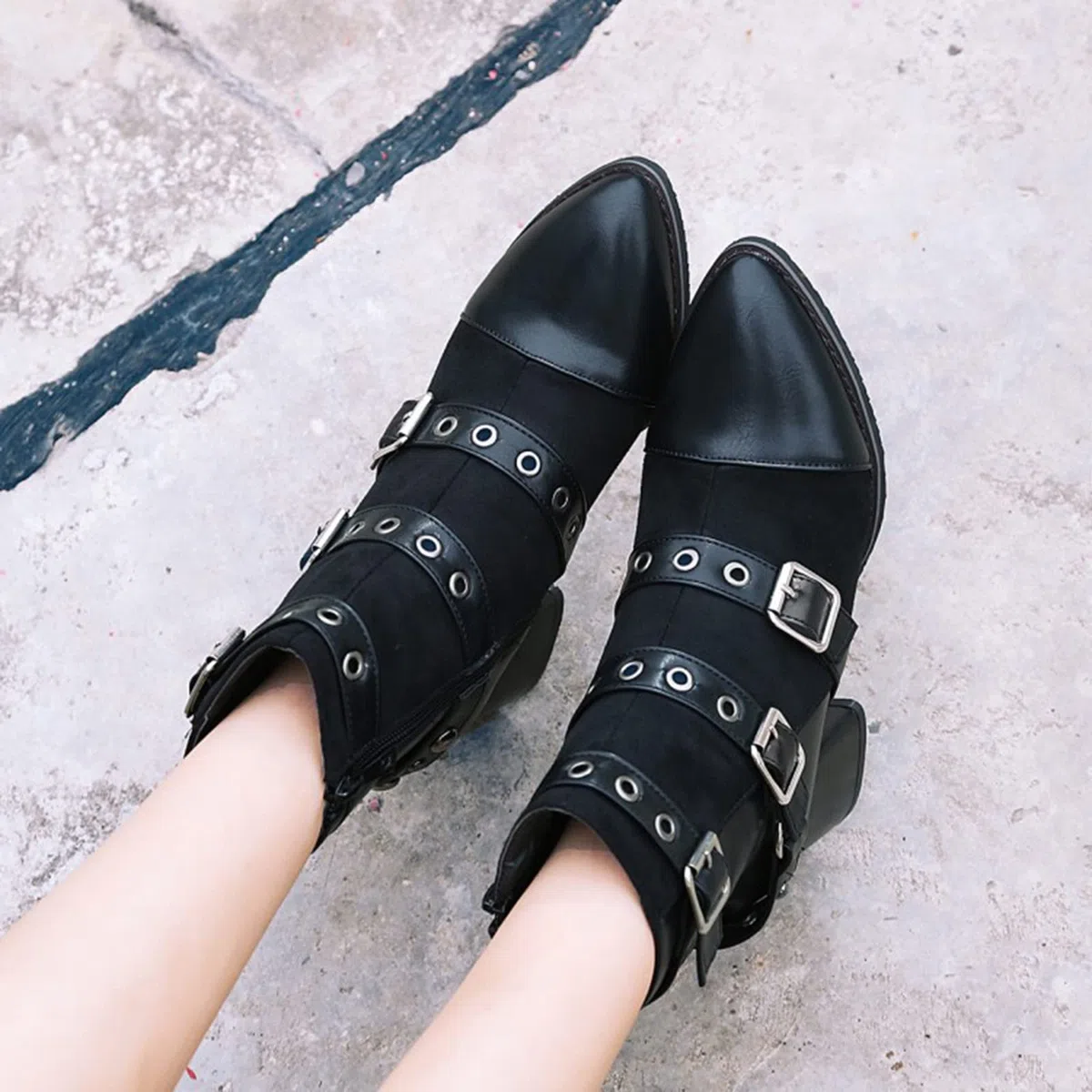 Botas Cortas Elegantes Y Versátiles con Punta En Pico De 6CM/2,36 Pulgadas Botines De Tacón Alto con Hebilla De Cinturón Botas De Baile En Barra De Tacón Alto