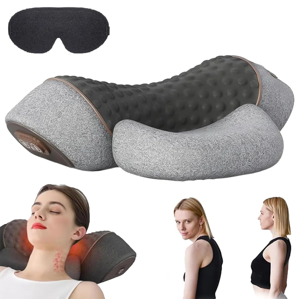 Almohada de Masaje Cervical, Masajeador de Cuello y Hombros con Calor, Masajeador Cervical Electrico, Vibración, Tracción de Cuello, Calefacción, Intensidad Ajustable (Gray)