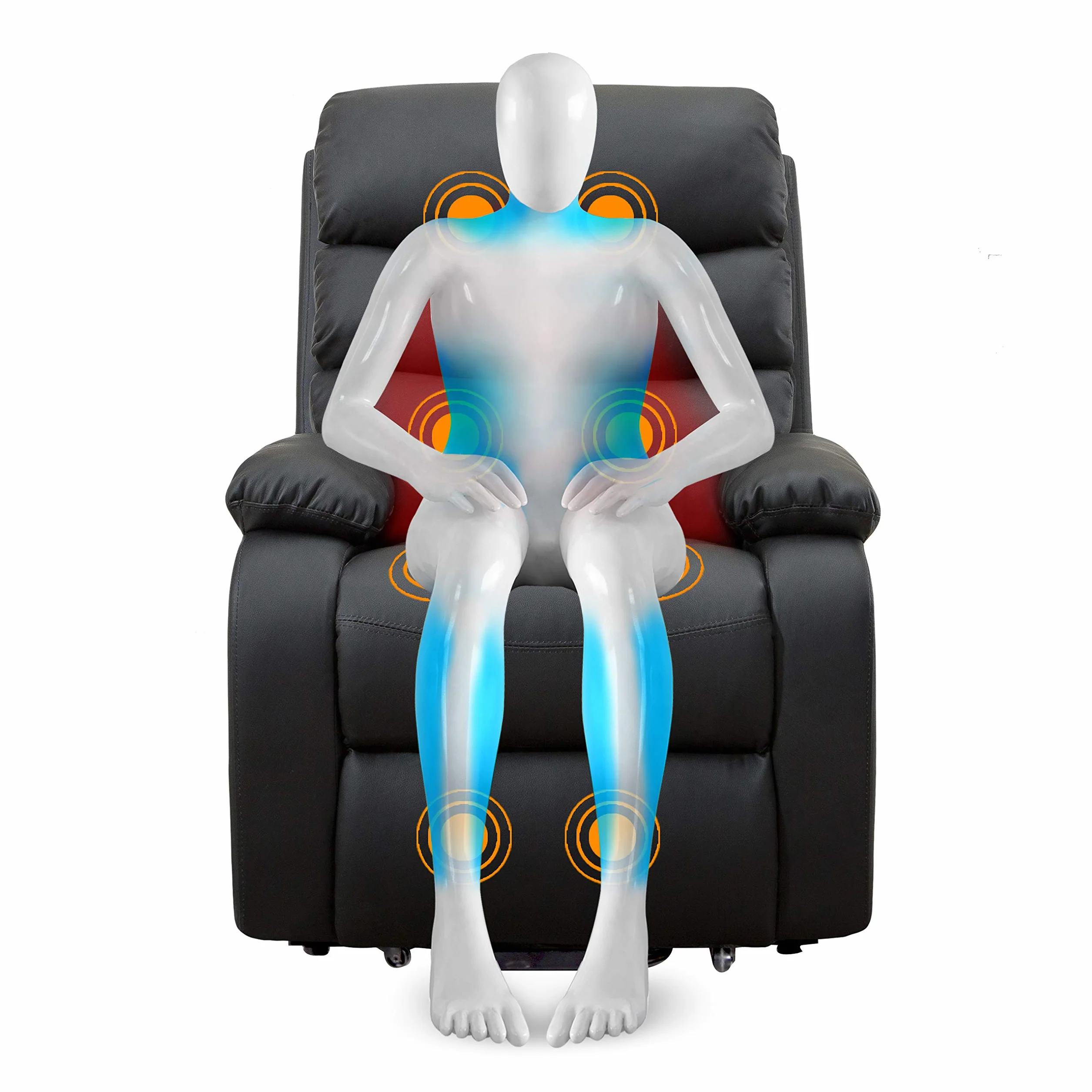 Gridinlux Sillón Relax Masaje Extra Acolchado Negro Reclinable Elevación automática Mando 5 Modos Calor Lumbar 8 Motores 4 Zonas Polipiel