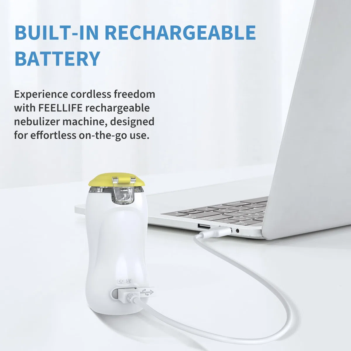 FEELLIFE Nebulizador Portatil para Bebe y Adultos, Nebulizador Silencioso Tasa de Atomización Ajustable, Inhalador Recargable para El Tratamiento de Tos, Asma, Enfermedades Respiratorias-Amarillo