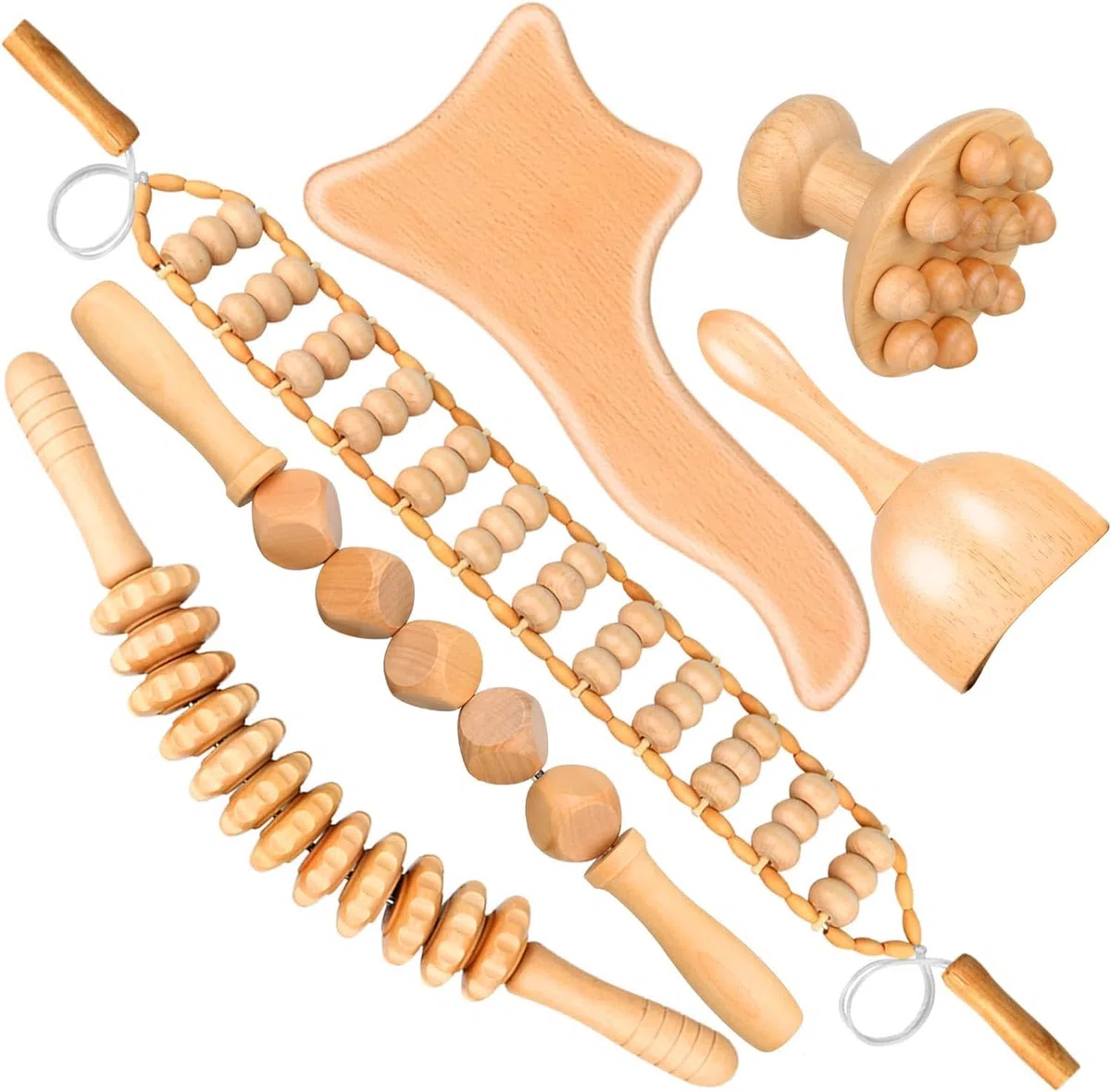 Herramientas de masaje 6 en 1 para terapia de madera para dar forma al cuerpo, kit de maderoterapia para drenaje linfático anticelulítico, juego de rodillo de madera curvado para piernas