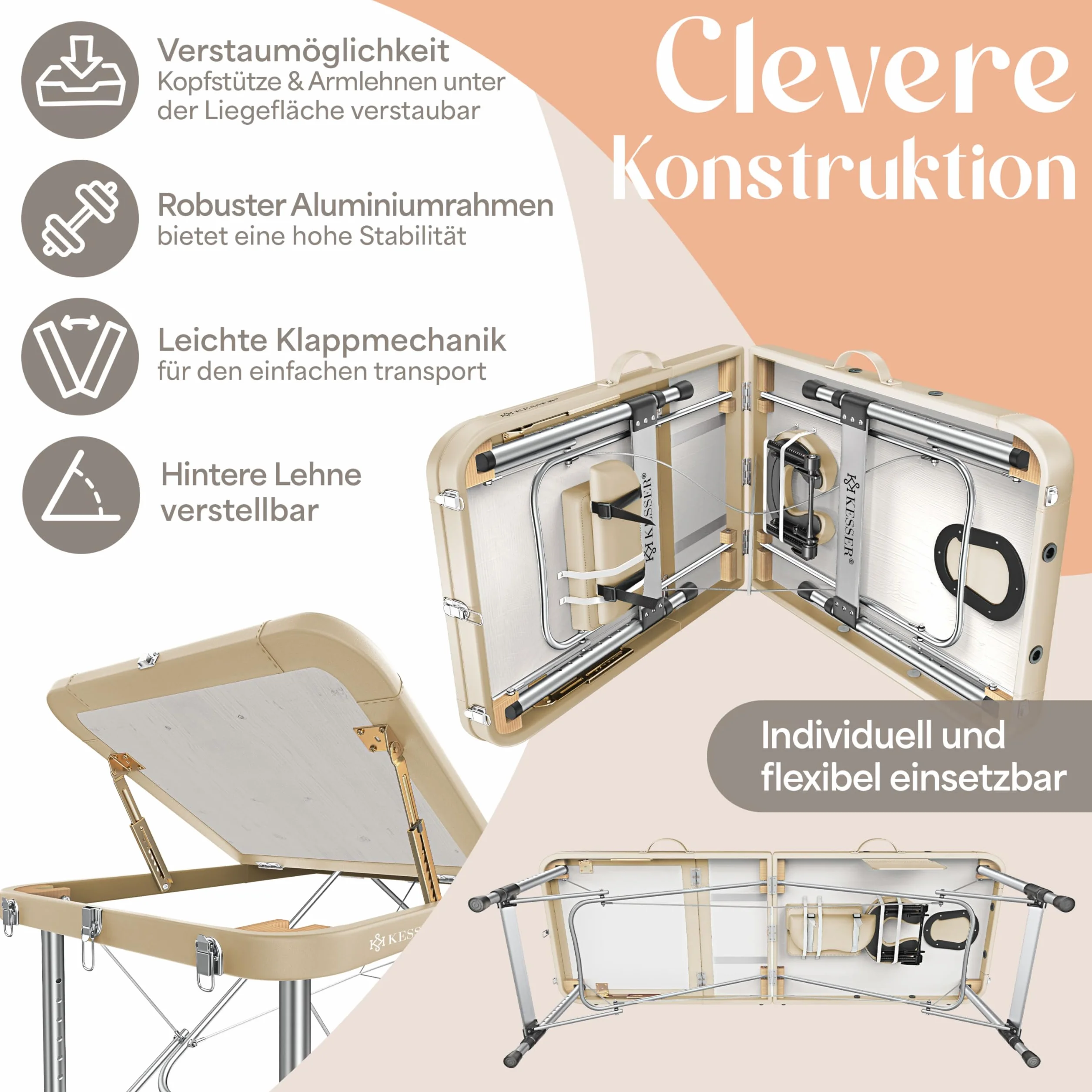 KESSER Camilla de Masaje Plegable Ajustable en Altura 3 Zonas Aluminio + Reposacabezas