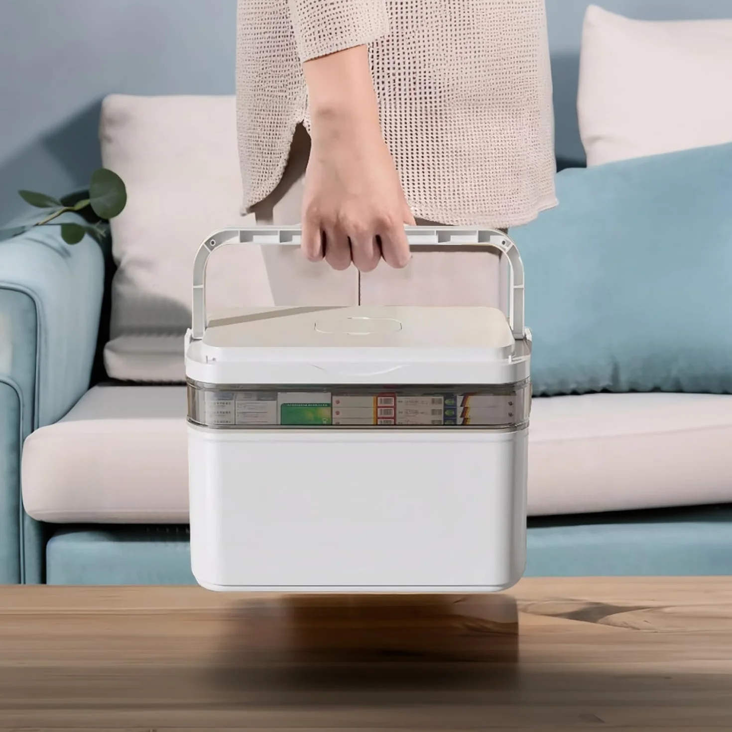 Caja para Medicamentos 3 Niveles Botiquín Casa Portátil con Asa Ergónomica Tapa Transparente Blanco 40,5x28x22 cm