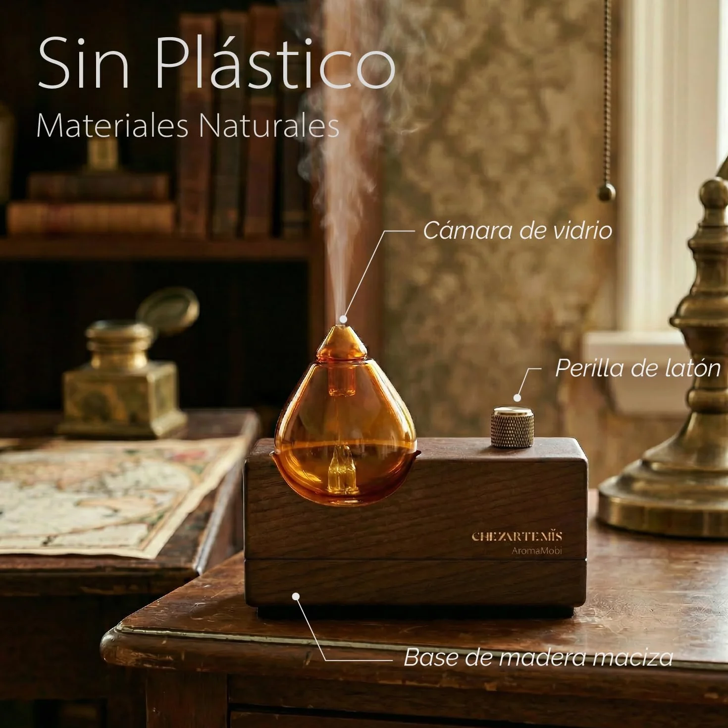 Amber Aromaterapia Difusor Aceites Esenciales Sin Agua Nebulizador Vidrio Ámbar Madera Nogal Recargable Inalámbrico Hogar Temporizador LED
