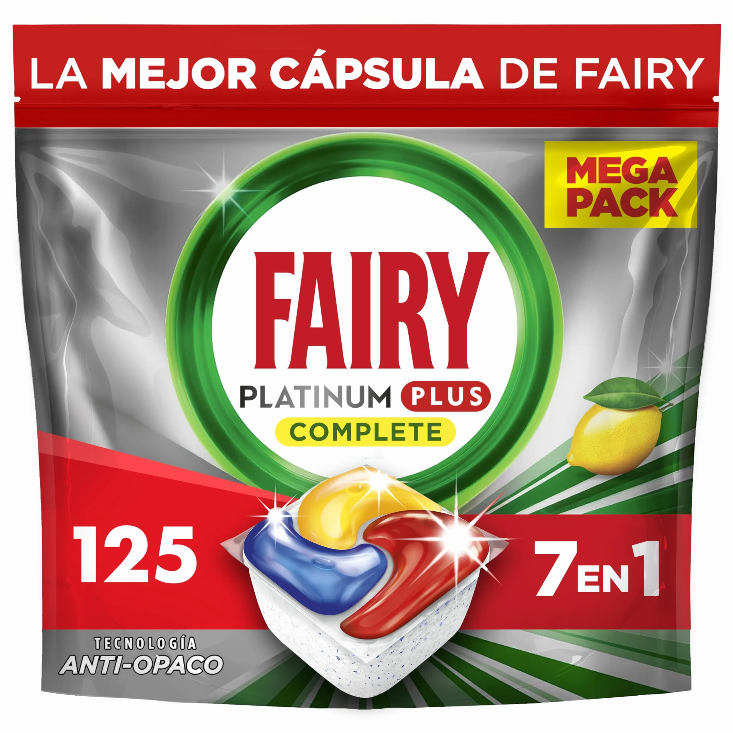 Fairy Platinum Plus Limón Cápsulas Lavavajillas Todo En Uno, 125 Cápsulas