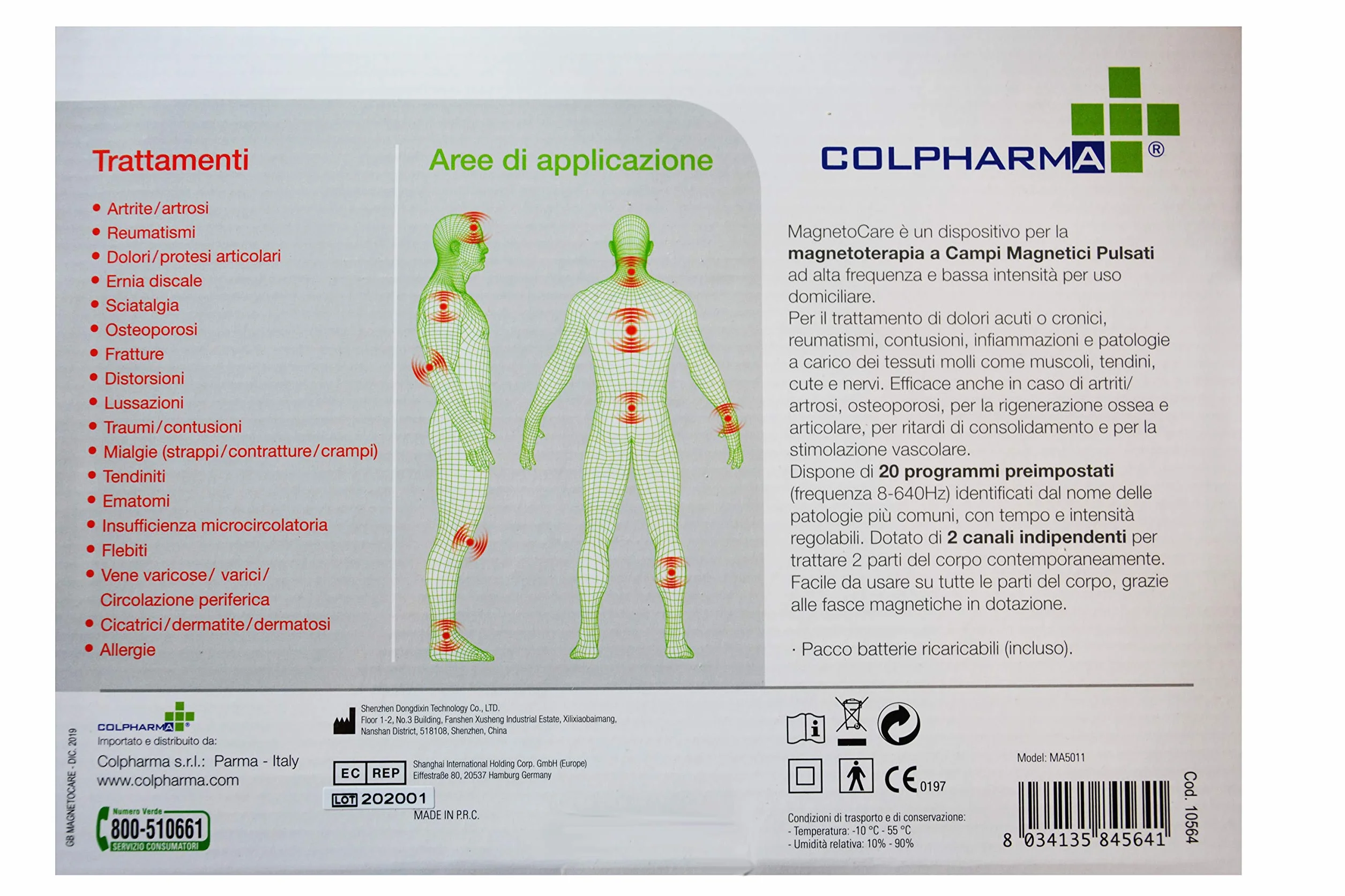 COLPHARMA - Dispositivo de magnetoterapia MAGNETOCARE, alta intensidad, alta y baja frecuencia, 2 canales, 20 programas de intensidad regulable