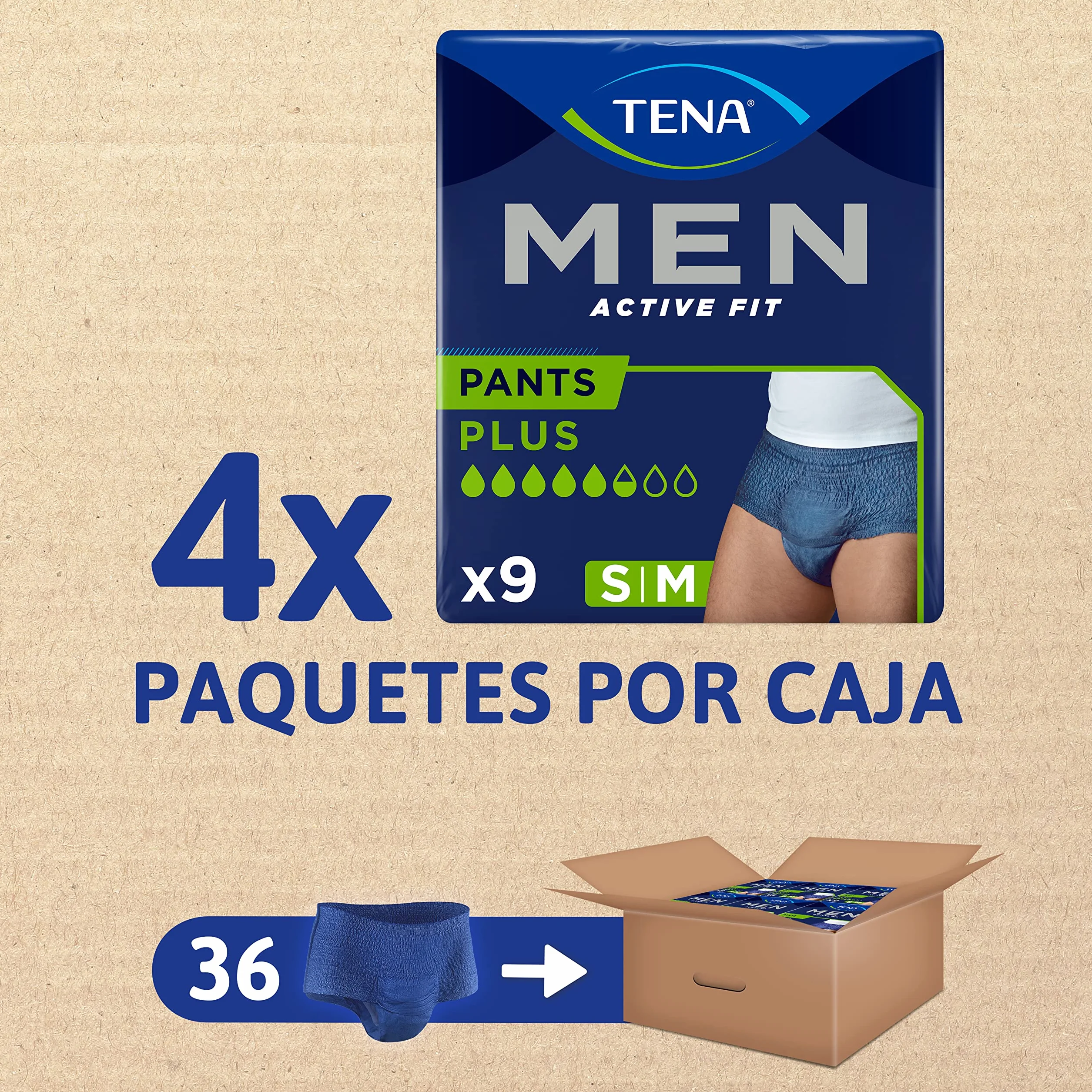 TENA Ropa interior absorbente desechable para incontinencia Active Fit para hombres, para fugas de orina moderadas a intensas, ropa interior talla M - 36 (4 x 9)