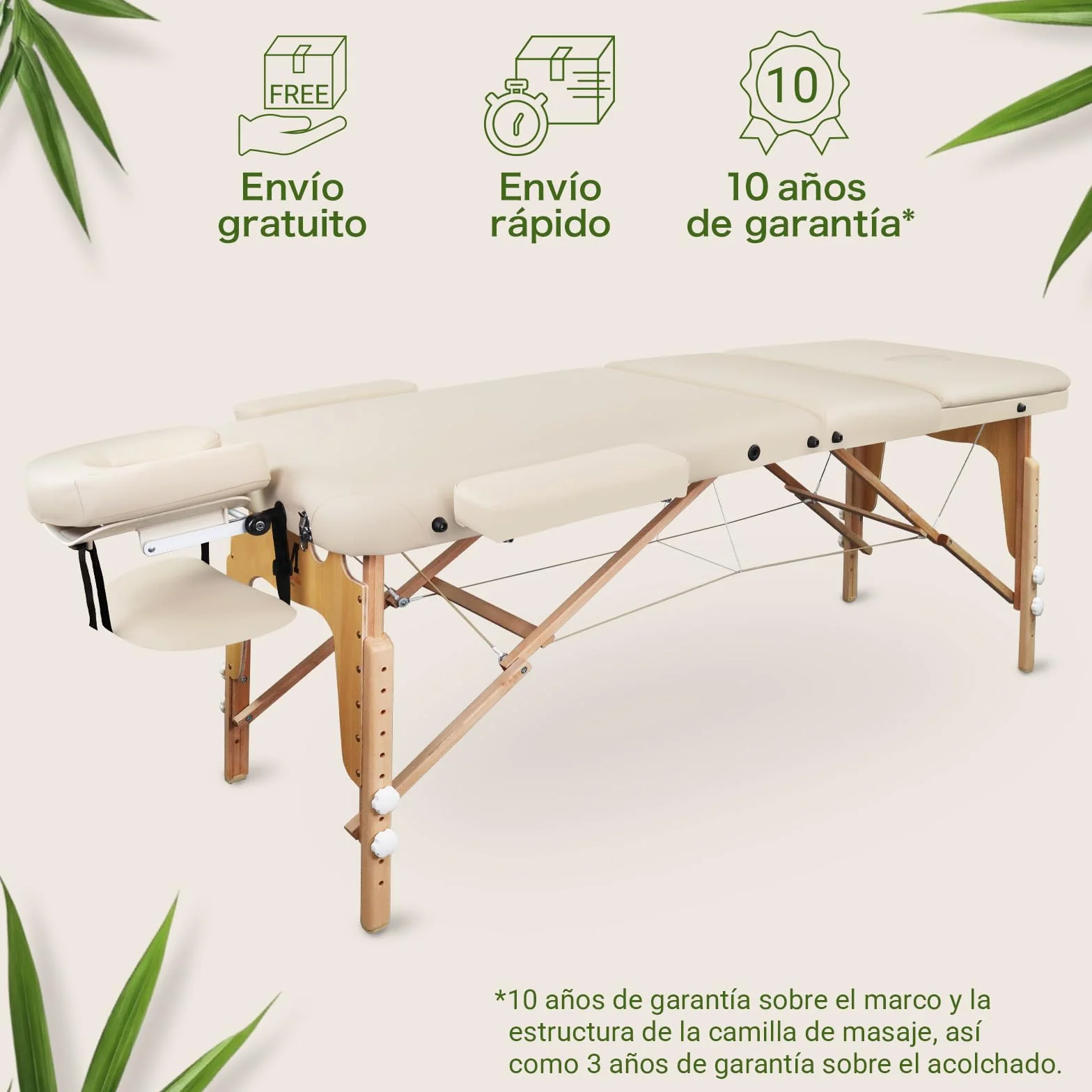 MASSUNDA Tumbona de Masaje Plegable Madera Maciza Altura Regulable Mesa Cosmética Móvil Funda Rizo Reposabrazos Respaldo Cojín Cervical