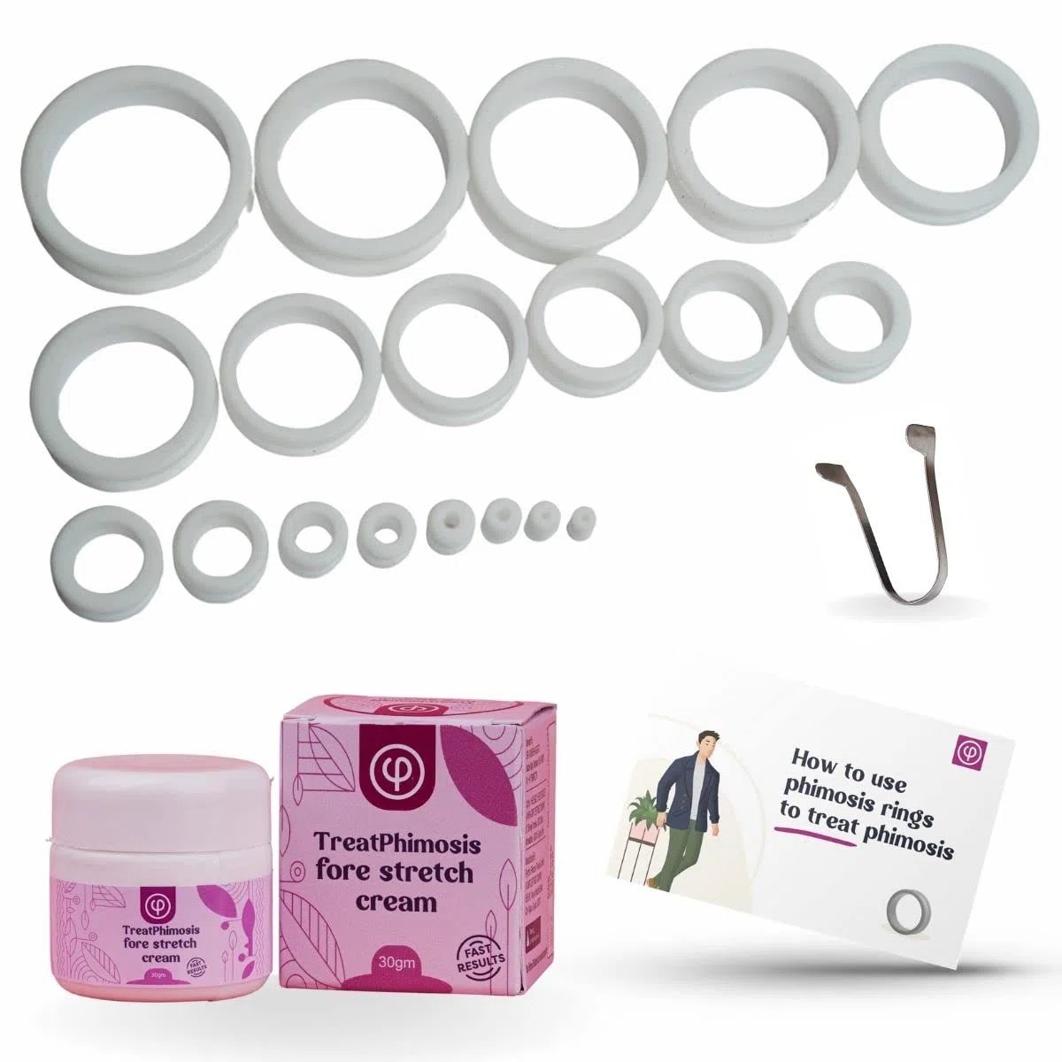 Vajraang Anillos de estiramiento de fimosis (juego de 20 anillos) con crema de estiramiento frontal, herramienta y folleto "Cómo usar", blanco, 3, 4, 5, 6, 8, 10, 12... 38 mm