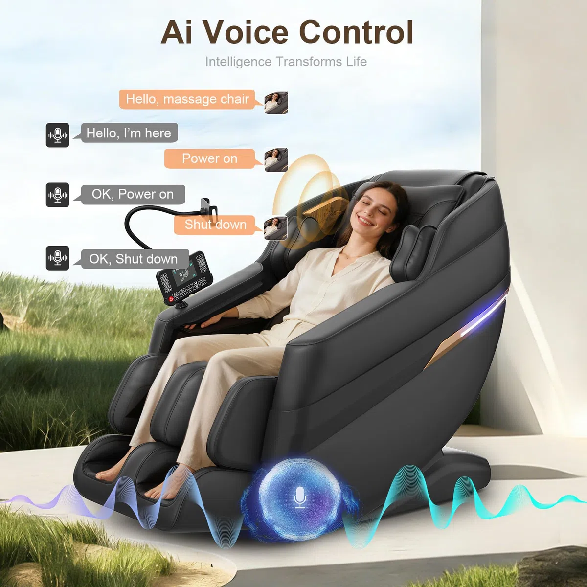 FURNIMAT Sillón de Masaje 3D, sillón de Masaje Corporal Completo SL-Track, 8 airbags, calefacción en piernas y Cintura, Control por Voz con IA y Altavoz Bluetooth, Gravedad Cero