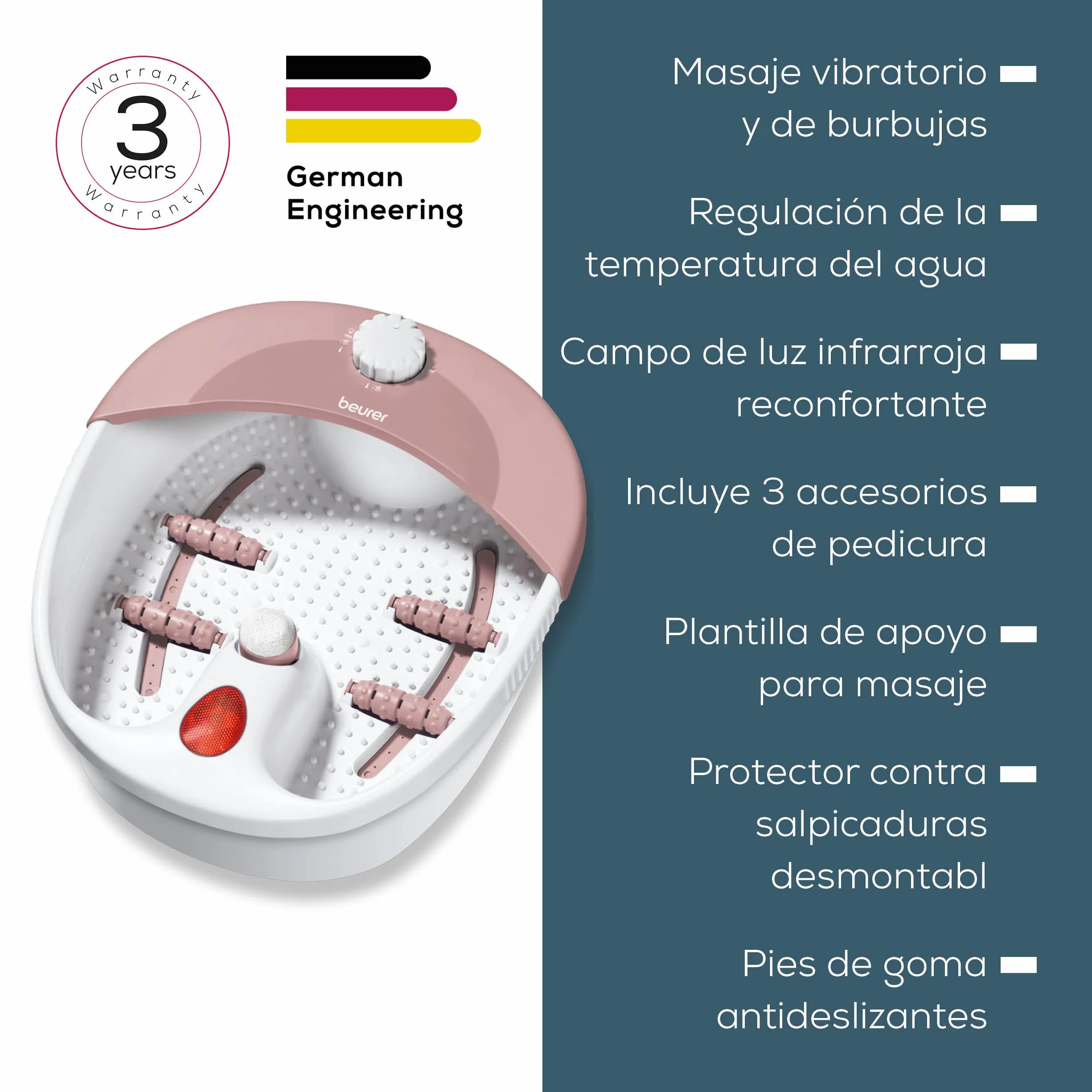 Beurer FB 20 Baño de pies con burbujas, masaje de burbujas y vibración, luz infrarroja, accesorios para pedicura