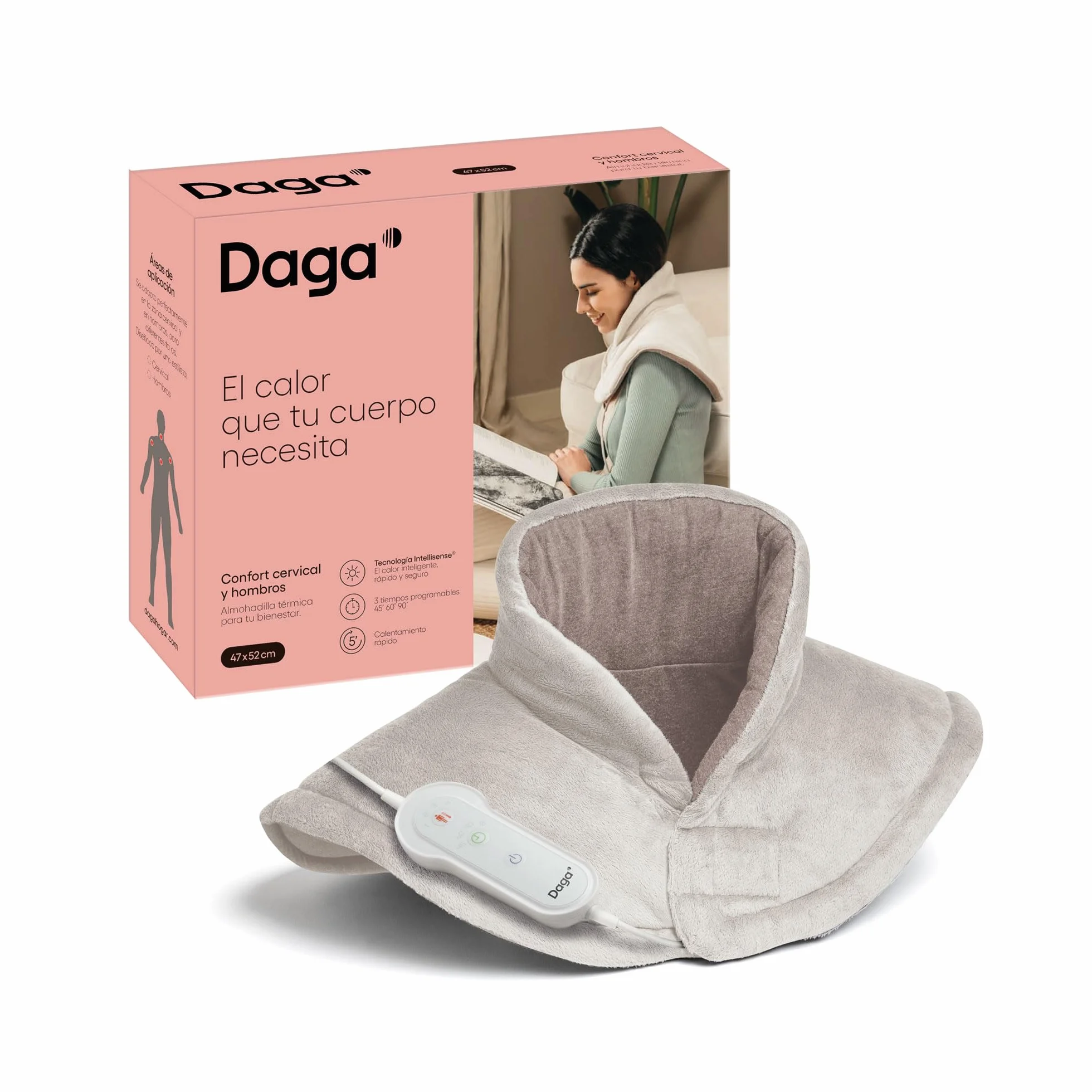 Daga, Almohadilla Térmica Confort Cervical y Hombros, Tecnología Intellisense, Doble Tejido, Multitemporizador, 4 Temperaturas, 47x52 cm