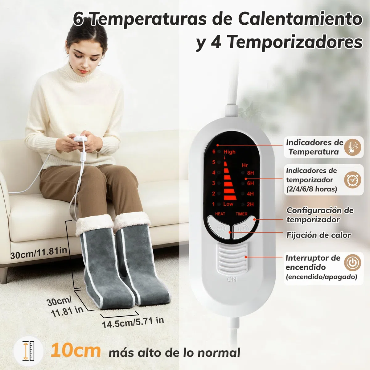 Calentador de Pies Separado para Mujeres Hombres, Calienta pies Electrico con Cobertura de Pantorrilla 6 Temperaturas 4 Temporizadores, Zapatillas Calefactables con Forro Lavable