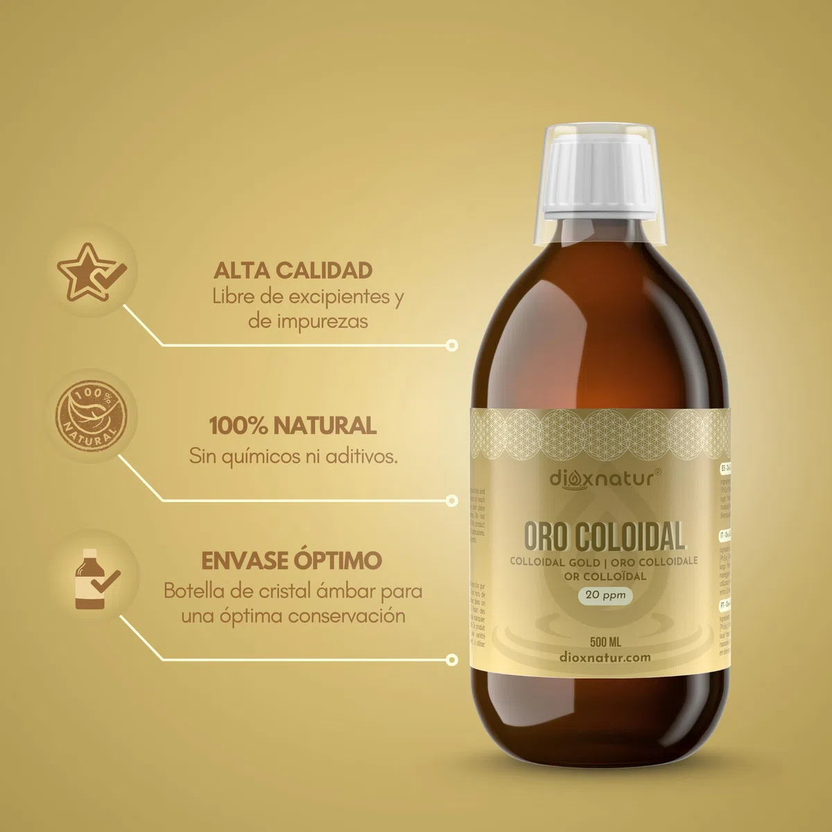 Oro Coloidal 500 ml - 20 ppm - 24K Puro 99,99% - Solución Líquida con Agua Bidestilada - Botella Vidrio Ámbar