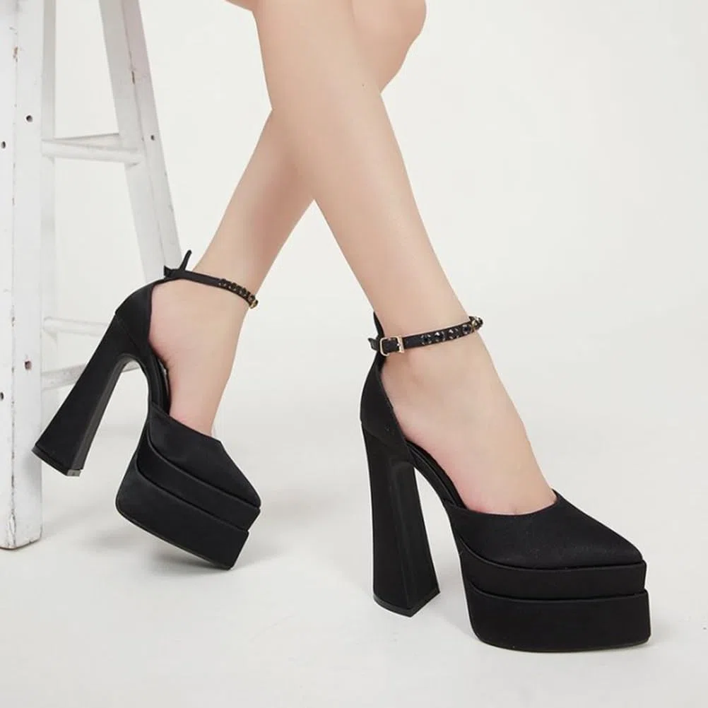 Plataforma de 14.5CM para Mujer Tacones Altos Gruesos Punta Cerrada Correa de Tobillo Hebilla Tacón de Bloque Punta Puntiaguda Fiesta de Bodas
