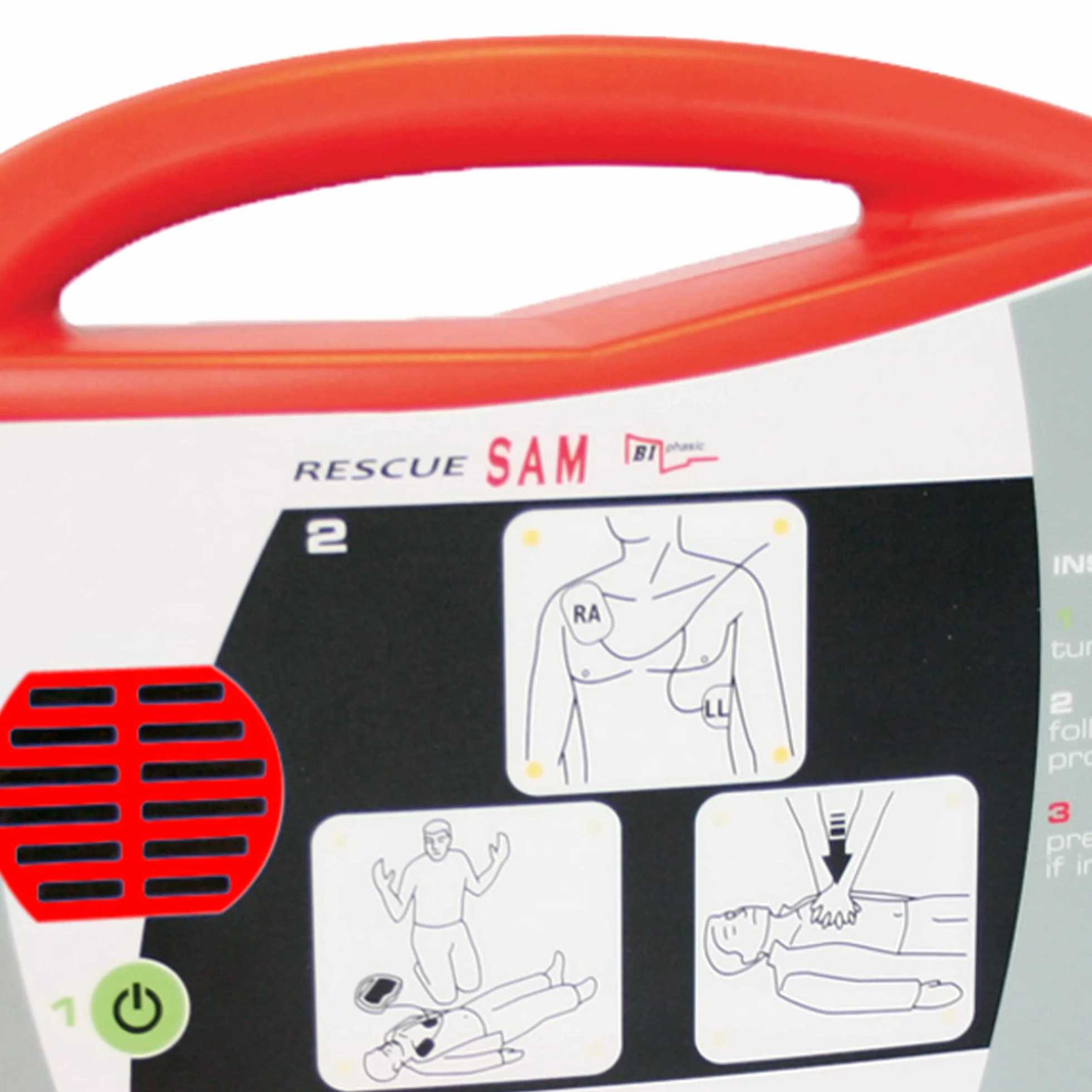 Desfibrilador externo semiautomático DESA Rescue Sam 33430 para uso público con instrucciones en español