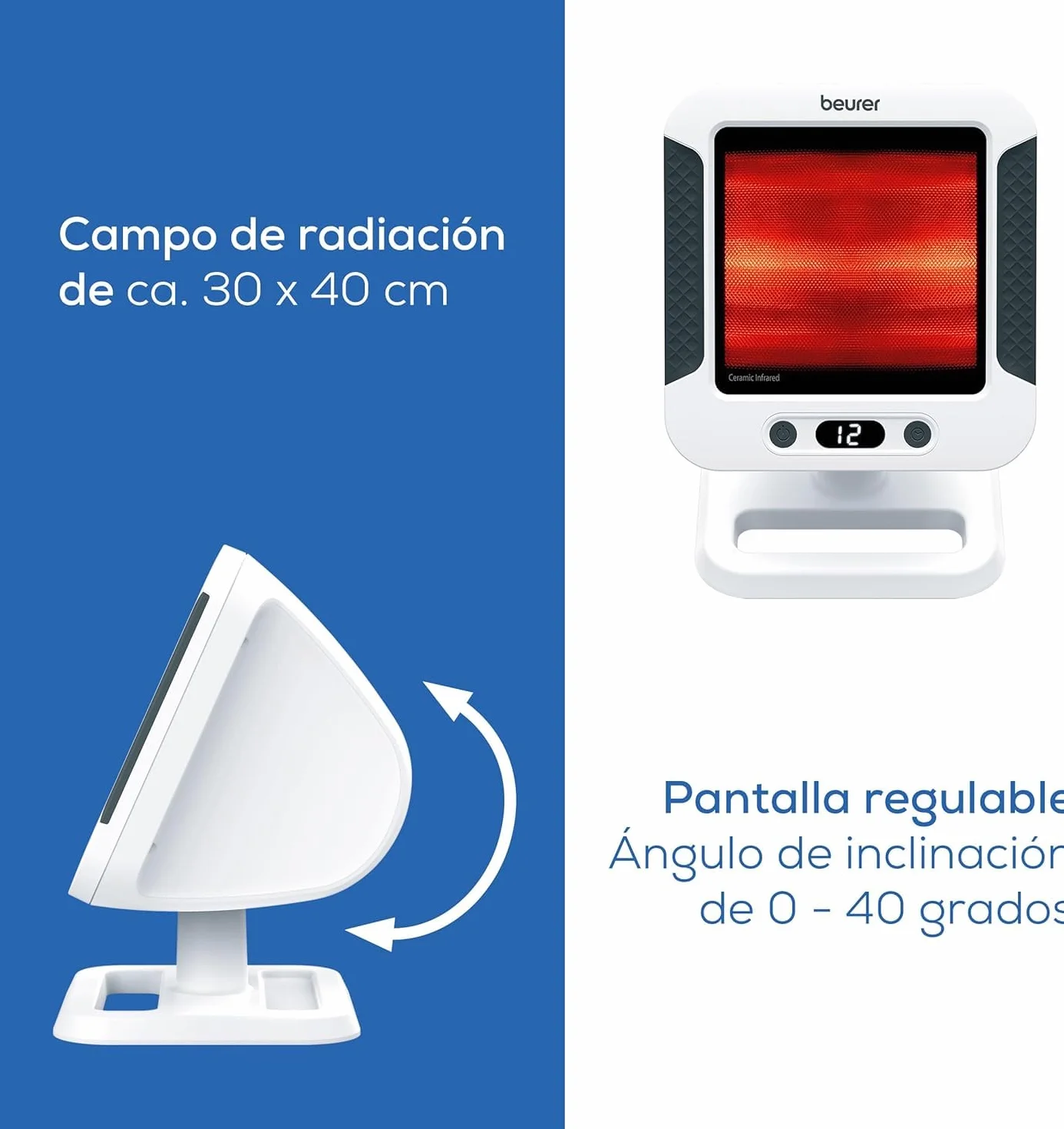 Beurer IL 60 Radiador de calor infrarrojo, calor calmante para resfriados y tensiones musculares, dispositivo médico con 300 vatios y temporizador, placa cerámica con protección UV, regulable
