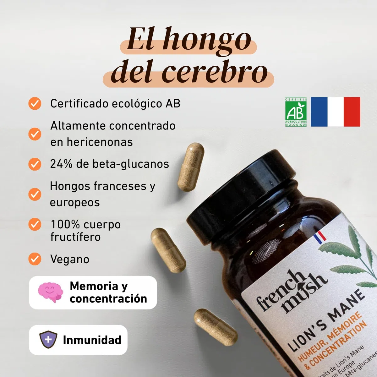 French Mush Funghi Lion’s Mane Bio 8000 mg - 56 Cápsulas Veganas - Para el Cerebro, el Bienestar y el Estado de Ánimo - 1-2 Cápsulas al Día - Extracto de Hericium Testado en Laboratorio