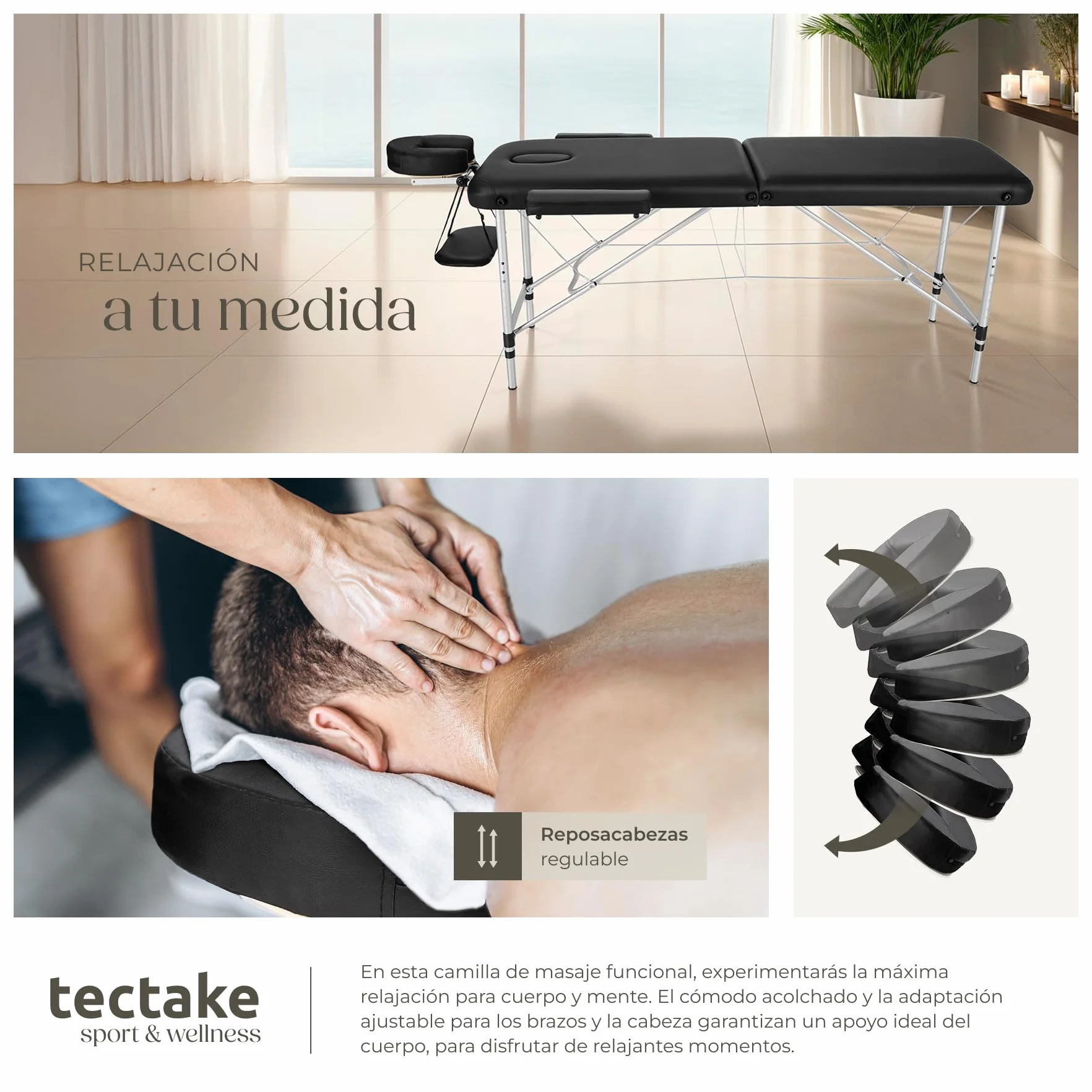 Tectake Camilla Masaje Plegable Profesional Aluminio Ajustable Altura 2 Zonas Negro
