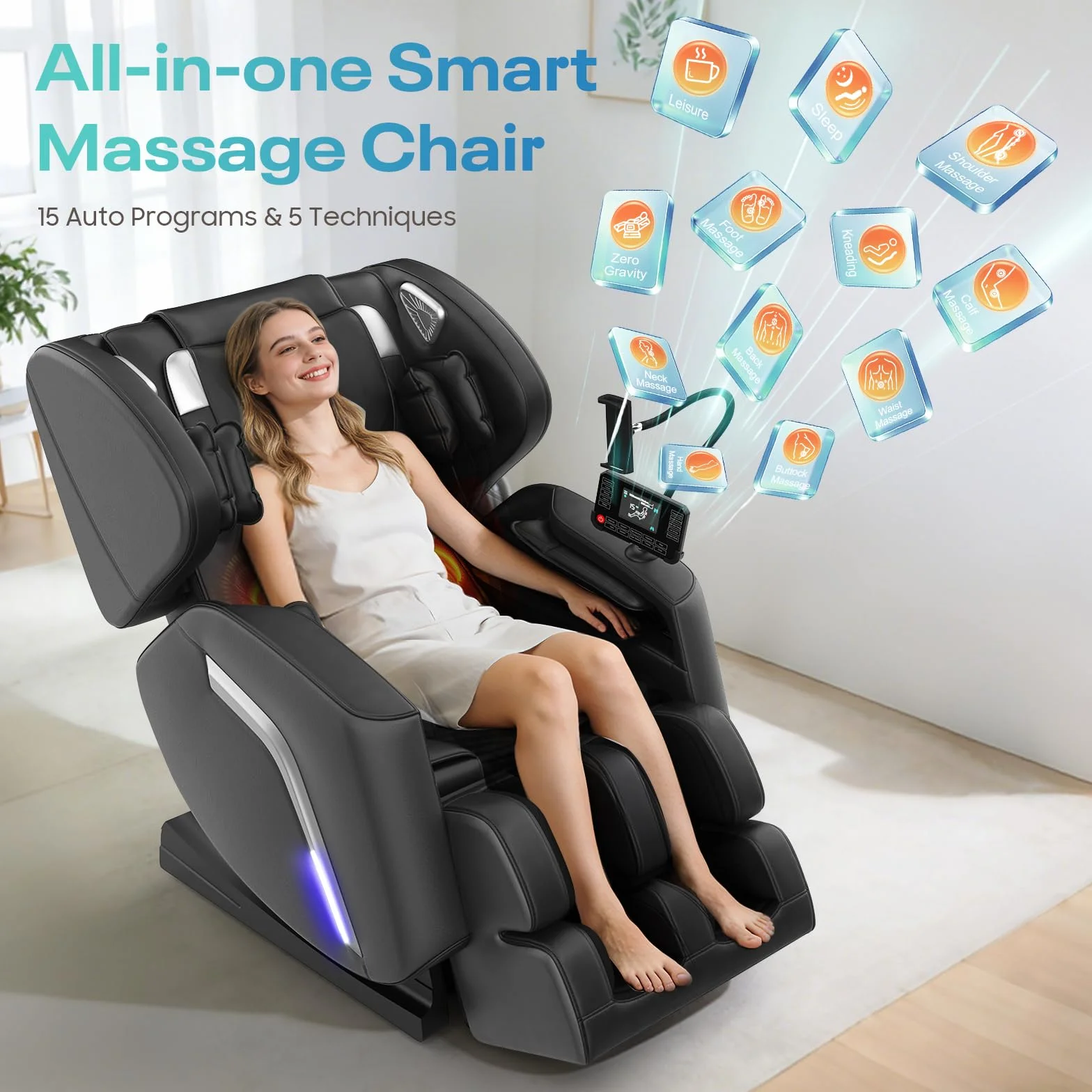 Sillón de Masaje con Calor, 14 Rodillos, 9 Bolsas de Aire, Masaje de Pies, Bluetooth, Control por Teléfono, Panel Táctil, Reclinable Gravedad Cero