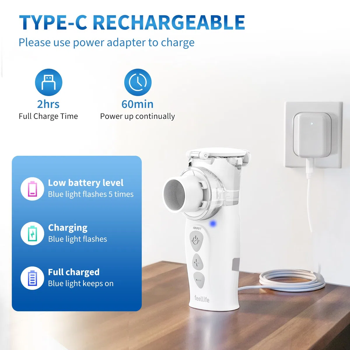 FEELLIFE Nebulizador Portatil Tasa de Atomización Ajustable, Nebulizador Adultos y Bebe para Tratamiento de Tos Asma, Enfermedades Respiratorias, Nebulizador malla vibración Silencioso