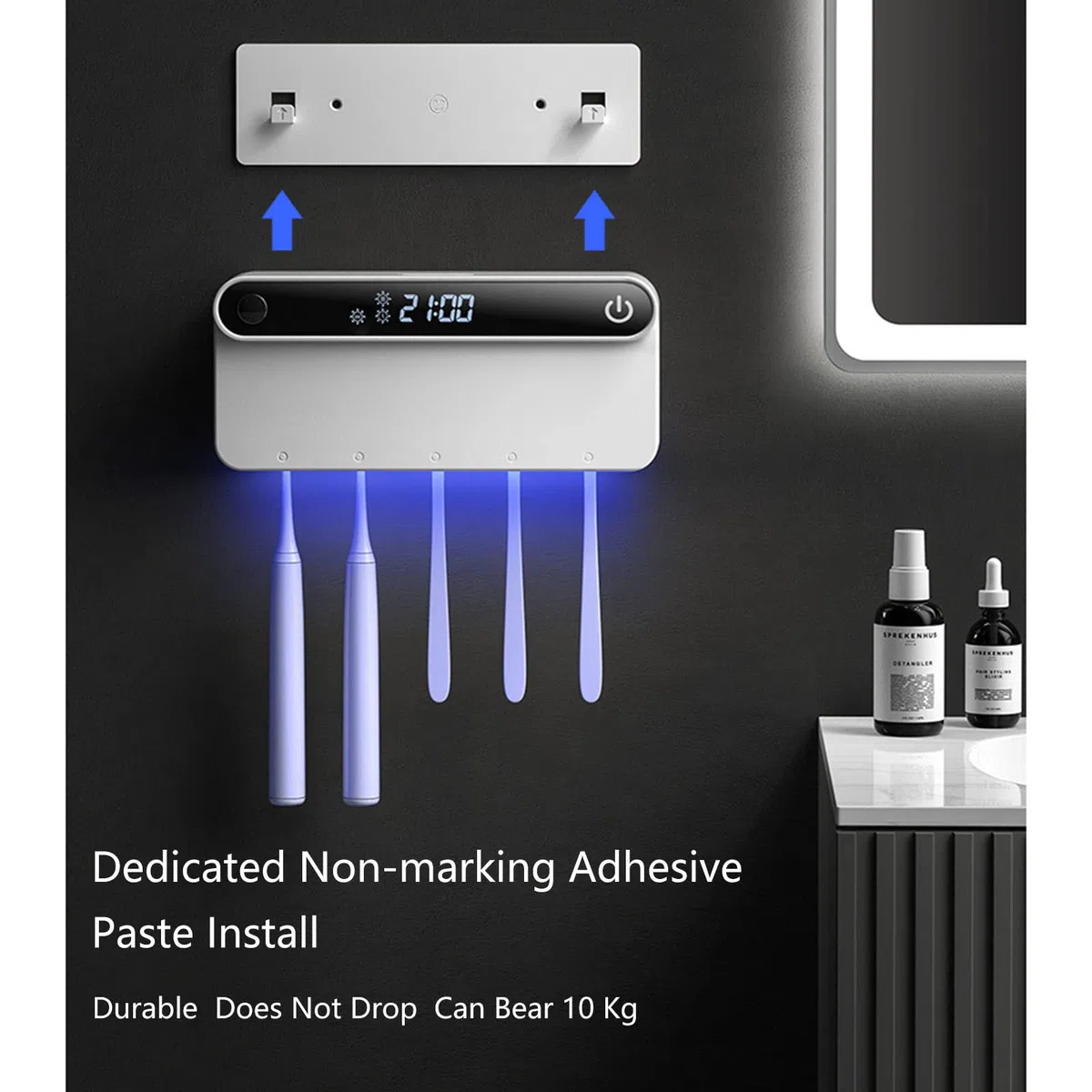Esterilizador para cepillo de dientes con 5 soportes para cepillos de dientes y visualización de tiempo, recargable por USB, estuche desinfectante portátil montado en la pared para viajes y uso