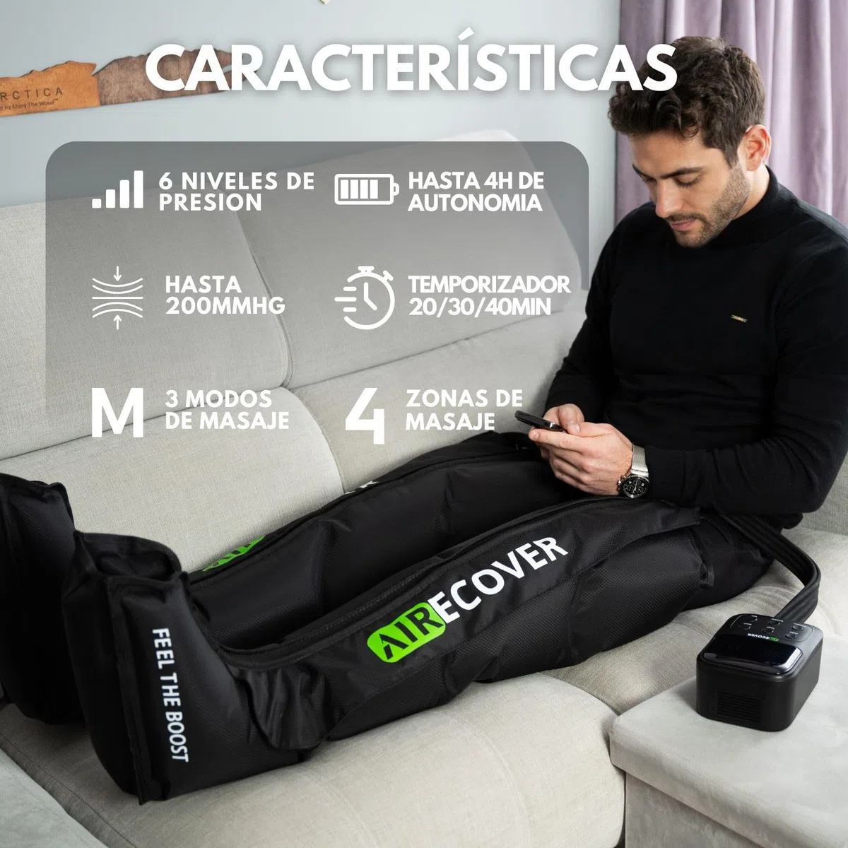 Presoterapia para Casa, Masajeador de Piernas Inalámbrico y Recargable, Botas de Compresión para Circulación, Recuperación Muscular, Drenaje Linfático y Celulitis, Batería de 4H (L)