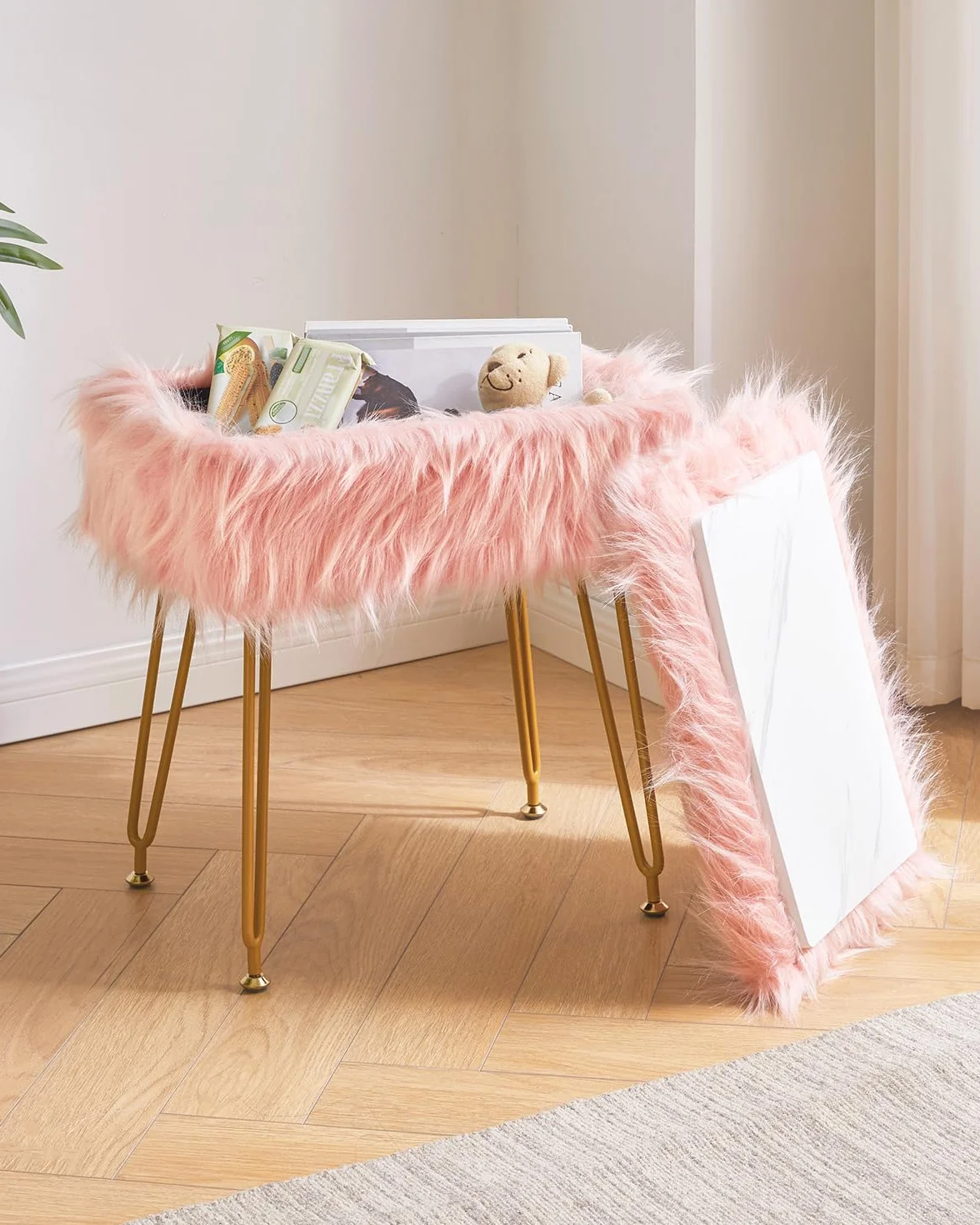 IBUYKE Rectangular Faux Fur Vanity Stool with Storage, Makeup Chair Ottoman, Soft Padded Seat, Round Footrest, Metal Legs, Pink