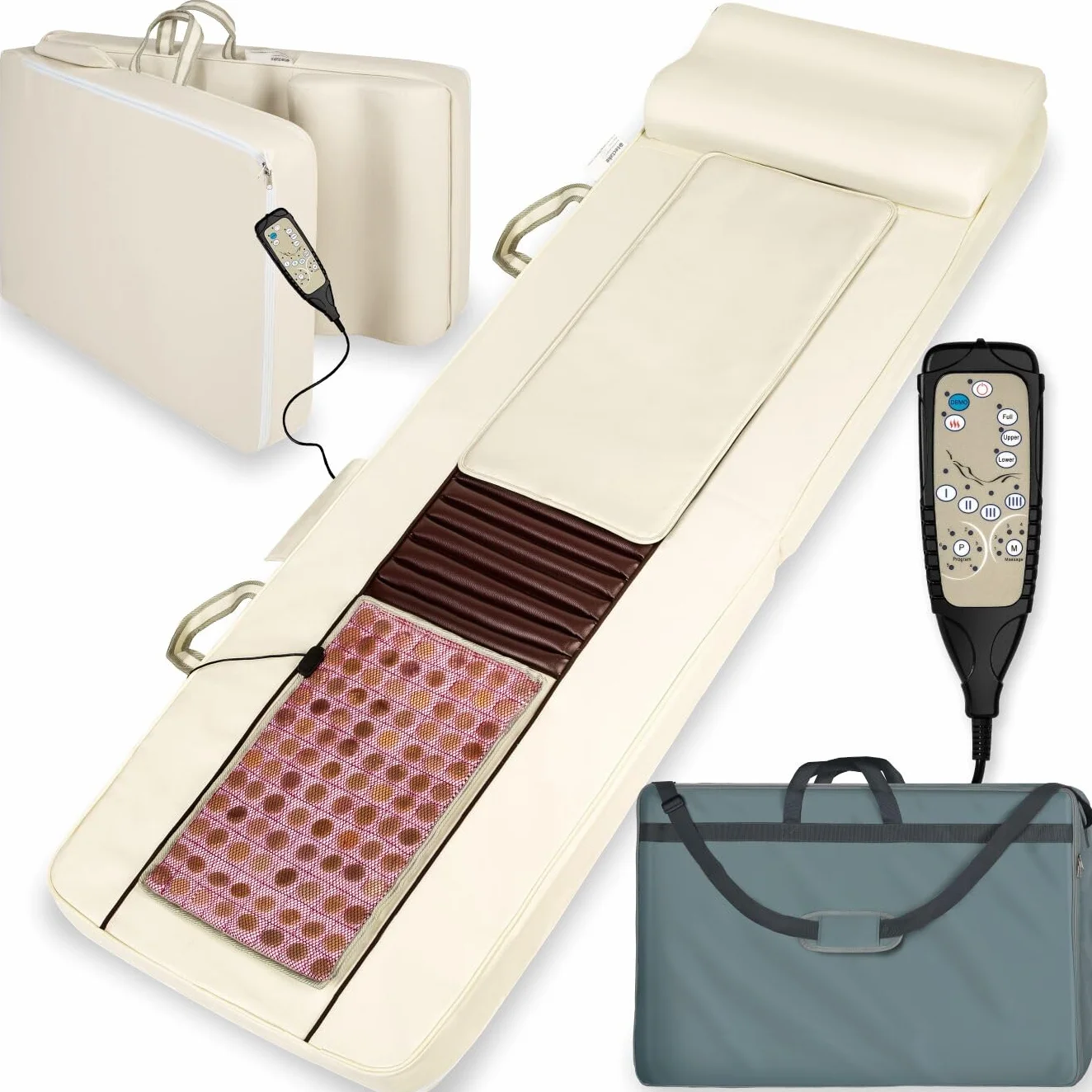 tectake® Colchoneta Masajeador Espalda con Alfombrilla de Calor de Jade, 10 Cabezales de Masaje Plegable con Bolsa de Transporte para Masajeador Espalda y Cuerpo - 186,5 x 60 x 11 cm