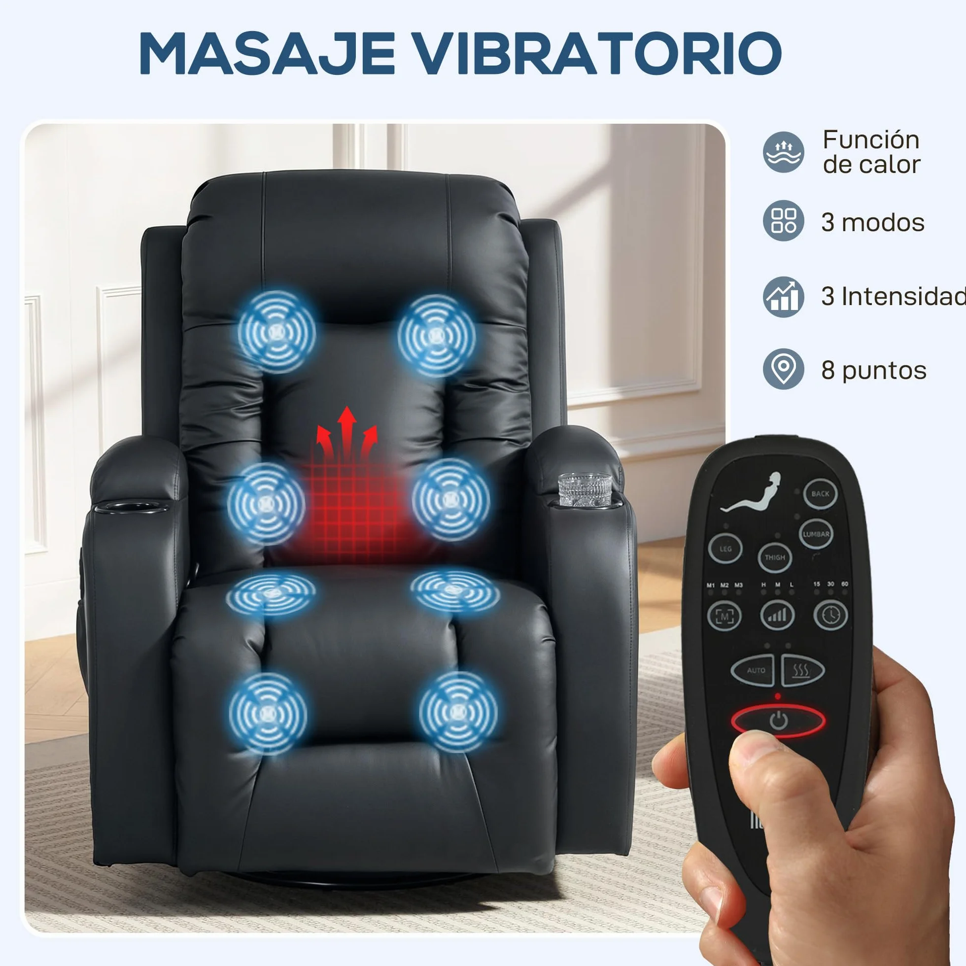 HOMCOM Sillón de Masaje Giratorio 8 Puntos Masaje Vibrante Reclinable Calefacción Lumbar Mando a Distancia 85x94x104 cm Negro