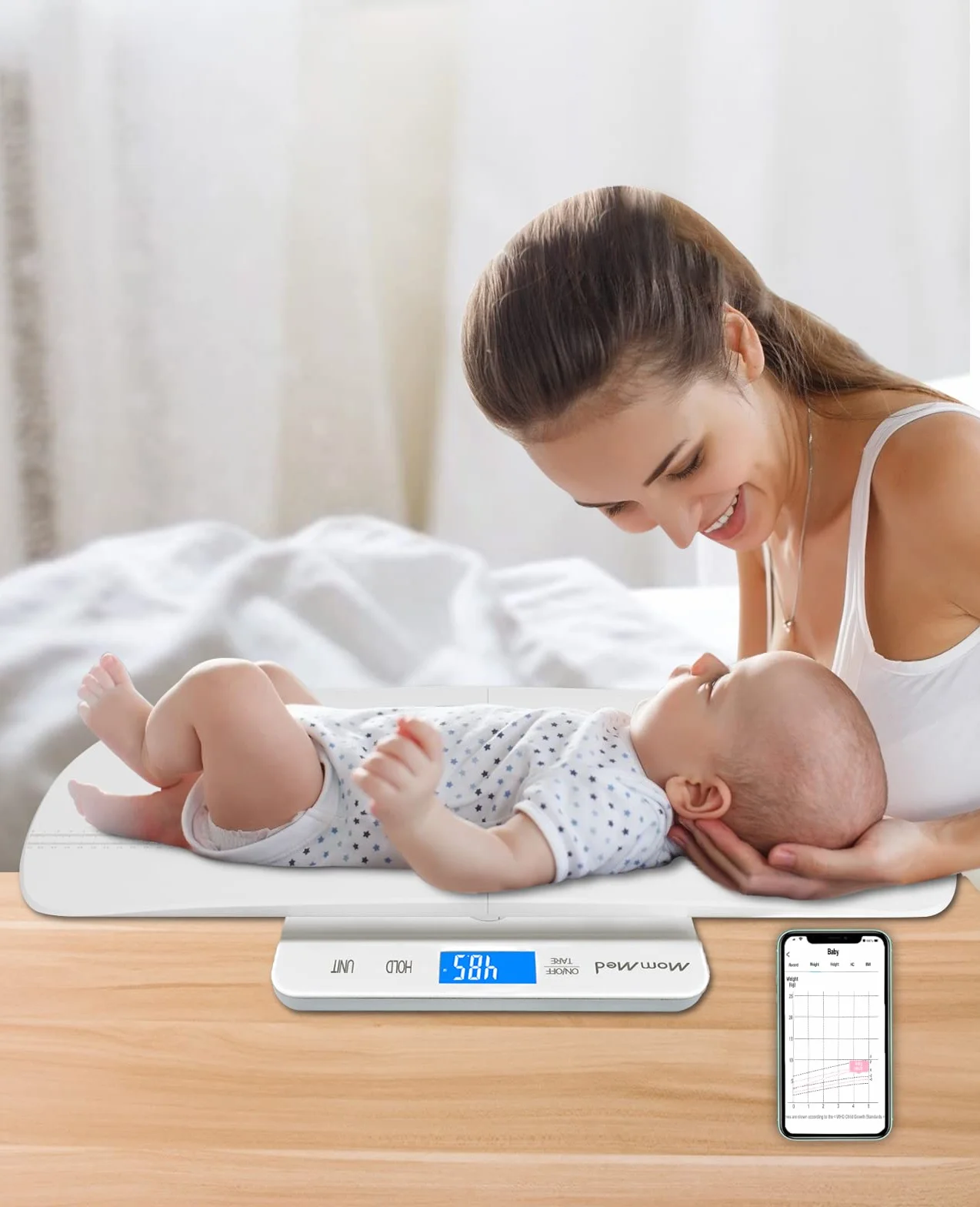 Báscula digital para bebé Bluetooth con aplicación Baby Fit, peso en libras y onzas, multifunción para mascotas y niños