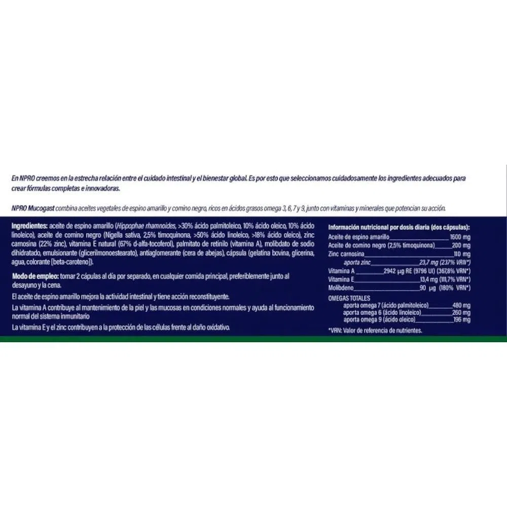 NPro SALUD INTESTINAL Mucogast 60 Perlas – Suplemento con Aceite de Espino Amarillo Omega 7, Comino Negro, Zinc y Carnosina – Protección y Cuidado de la Mucosa Gástrica