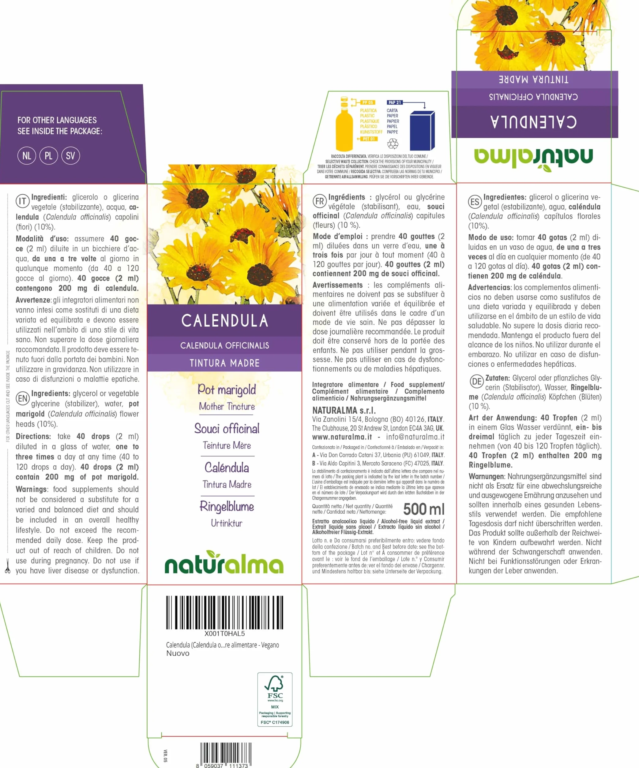 Caléndula (Calendula officinalis) capítulos florales Tintura Madre sin alcohol Naturalma - Extracto líquido gotas 500 ml - Complemento alimenticio - Vegano
