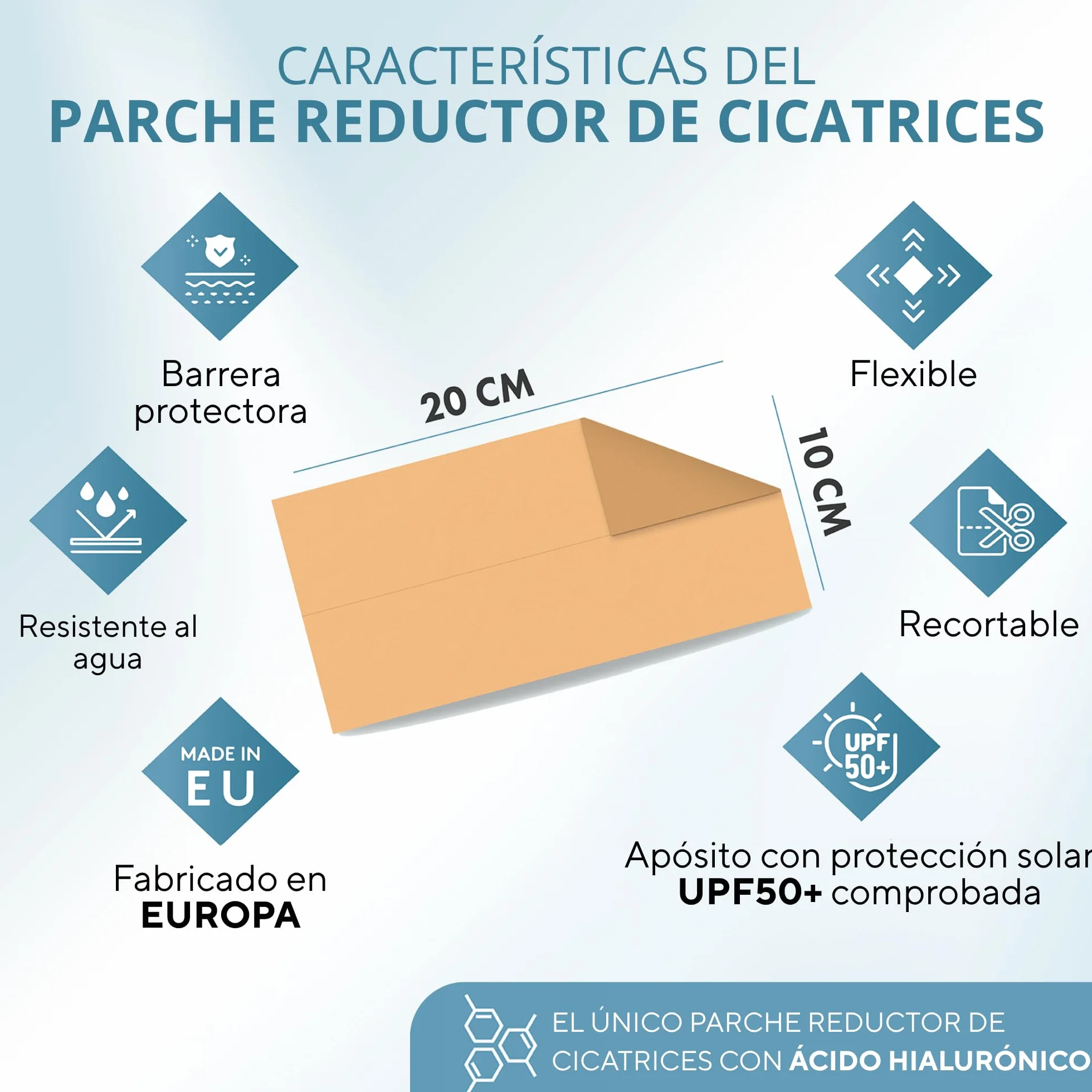 Parches Reductores de Cicatrices con Ácido Hialurónico 20x10 cm - Tratamiento para Cicatrices y Queloides