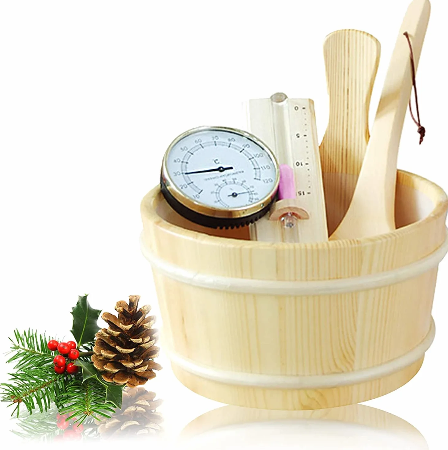 Cubo Sauna, 4 L Juego Completo Sauna Cubo Sauna con Cucharón Madera Pino Finlandés Accesorios Sauna Cubo Sauna Cubo Infusión (Cubo Sauna + Cucharón + Termómetro Higrómetro + Reloj Arena)