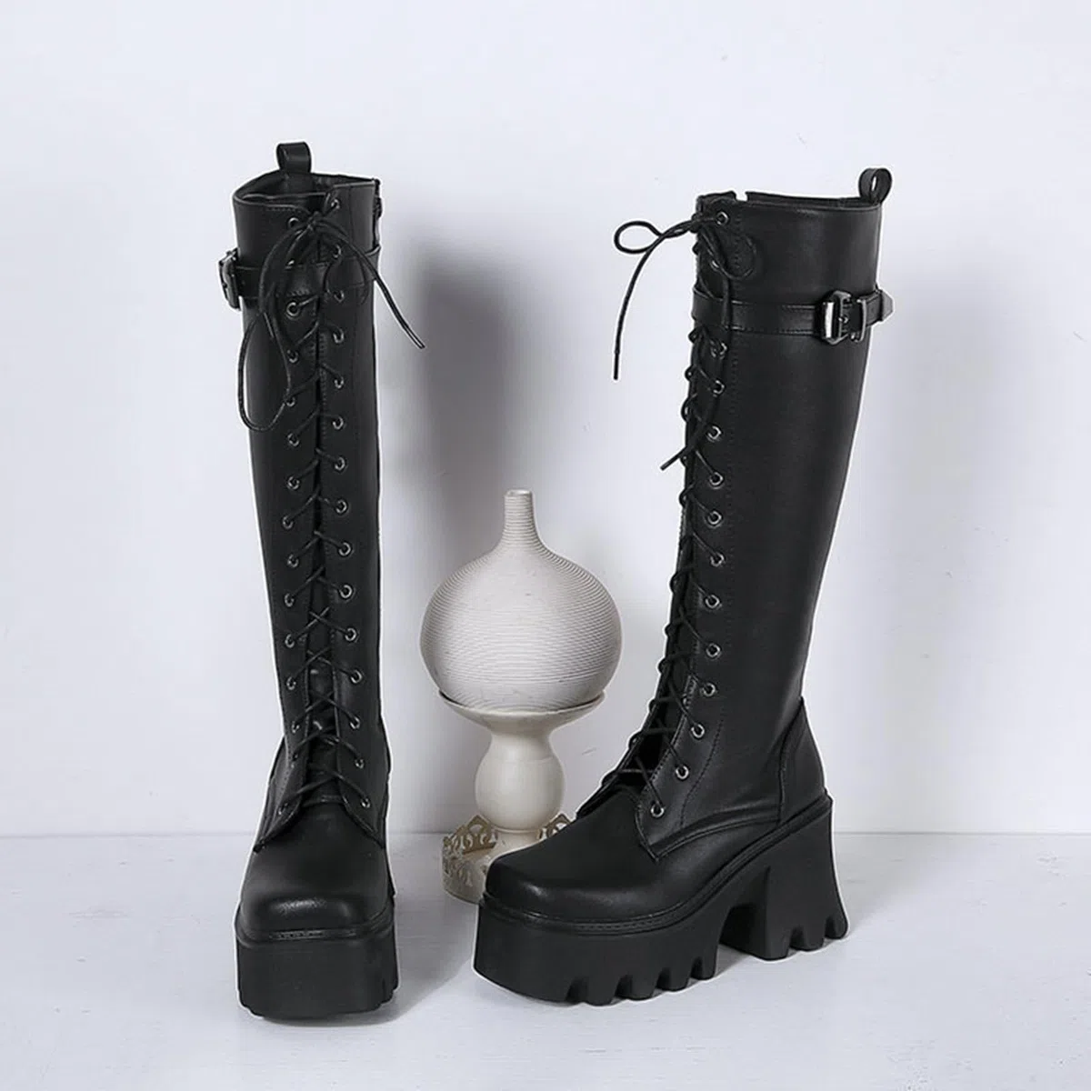 9CM/ 3.54IN Nuevo otoño e Invierno con Cordones Botas Altas Suela Gruesa tacón Grueso Super High Heel Rider Botas Botas hasta la Rodilla
