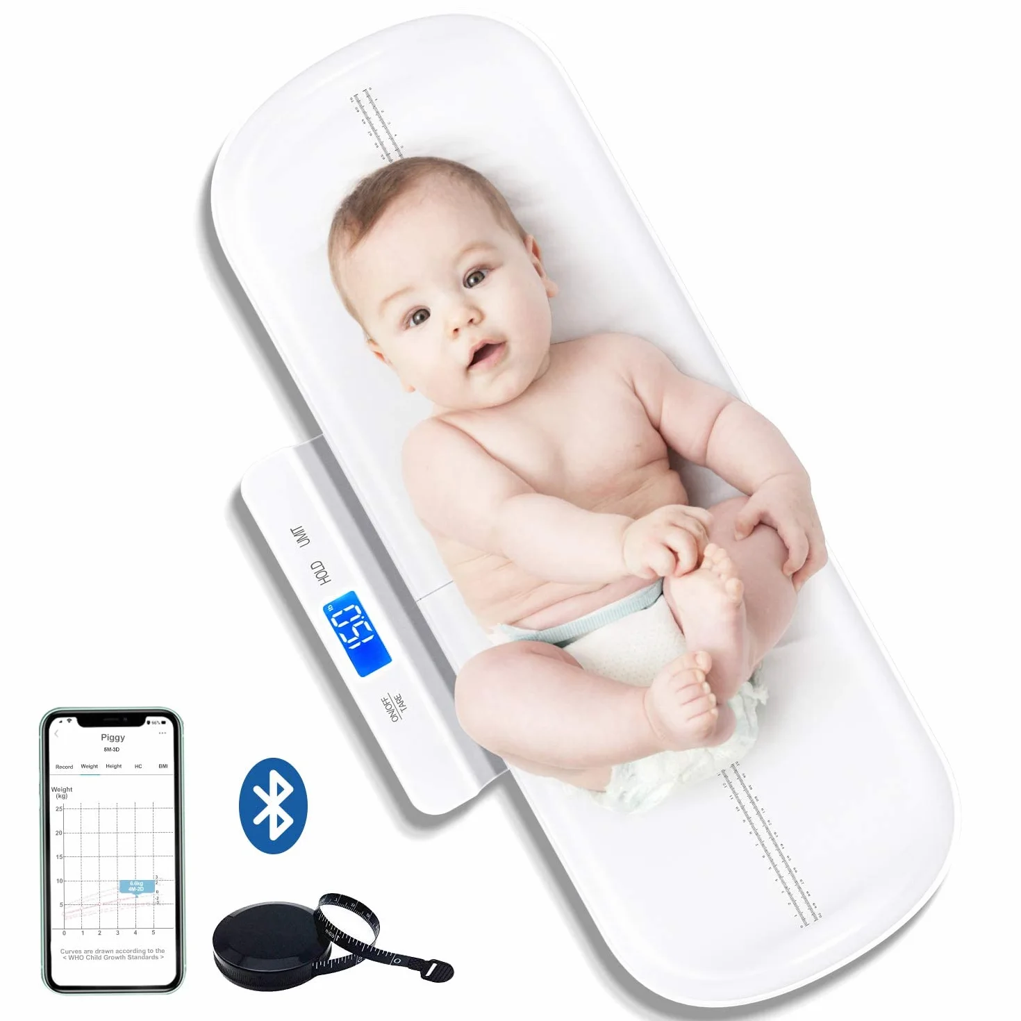 Báscula Bebé Digital Bluetooth con Bandeja Extraíble, Tara y Retención, App Gratuita, 100 kg