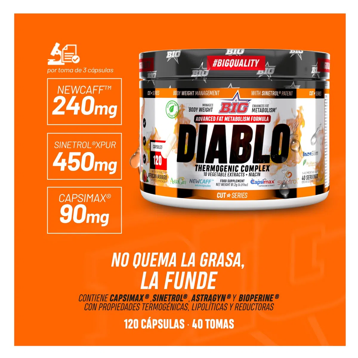 BIG - Quemagrasas Potente para Adelgazar muy Rapido, Fórmula Exclusiva con 10 Ingredientes, Elimina la Grasa y Ayuda a Bajar de Peso, Acelera el Metabolismo en Hombre y Mujer, 40 Servicios, 120 caps