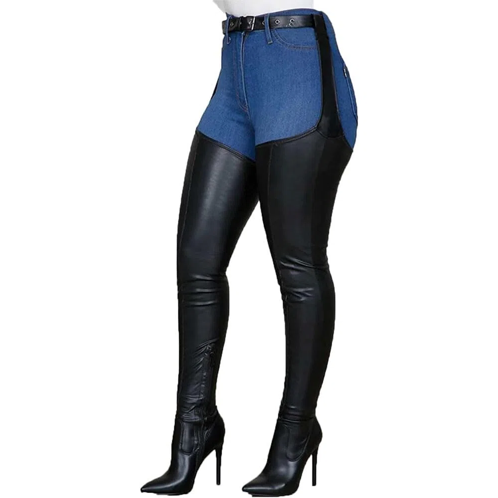 Botas por encima de la rodilla elásticas de cuero de PU para mujer Botas altas hasta el muslo Botas largas con cremallera sexy Zapato puntiagudo con cinturón ajustable muslo/Black/41EU