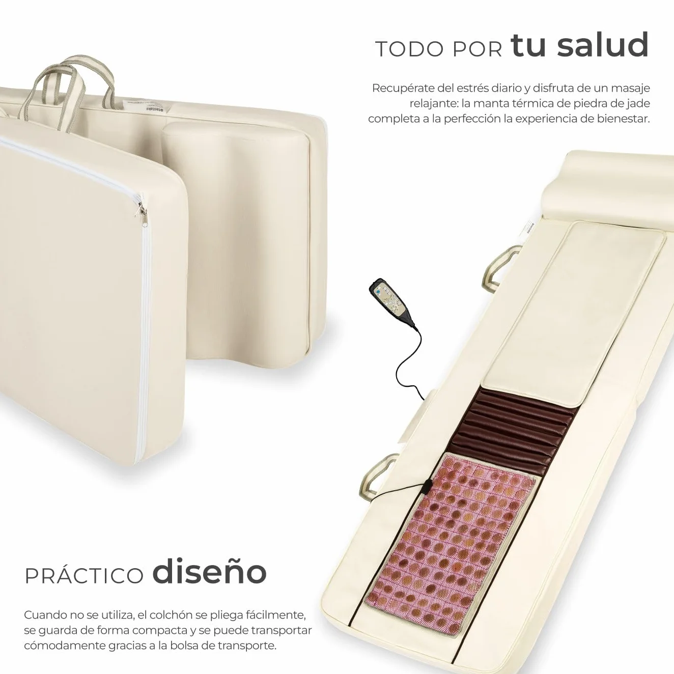tectake® Colchoneta Masajeador Espalda con Alfombrilla de Calor de Jade, 10 Cabezales de Masaje Plegable con Bolsa de Transporte para Masajeador Espalda y Cuerpo - 186,5 x 60 x 11 cm