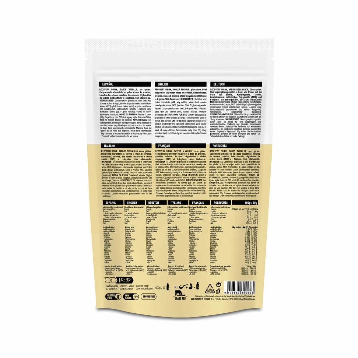 226ERS Recovery Drink 1 kg Vainilla Recuperador Muscular con Proteína Whey, Creatina, Sin Gluten