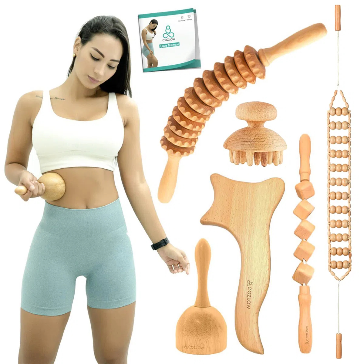 Herramientas de masaje de terapia de madera 6 en 1 - Kit profesional de Maderoterapia para moldear y esculpir el cuerpo - Rodillo de masaje de drenaje linfático - por Cozlow