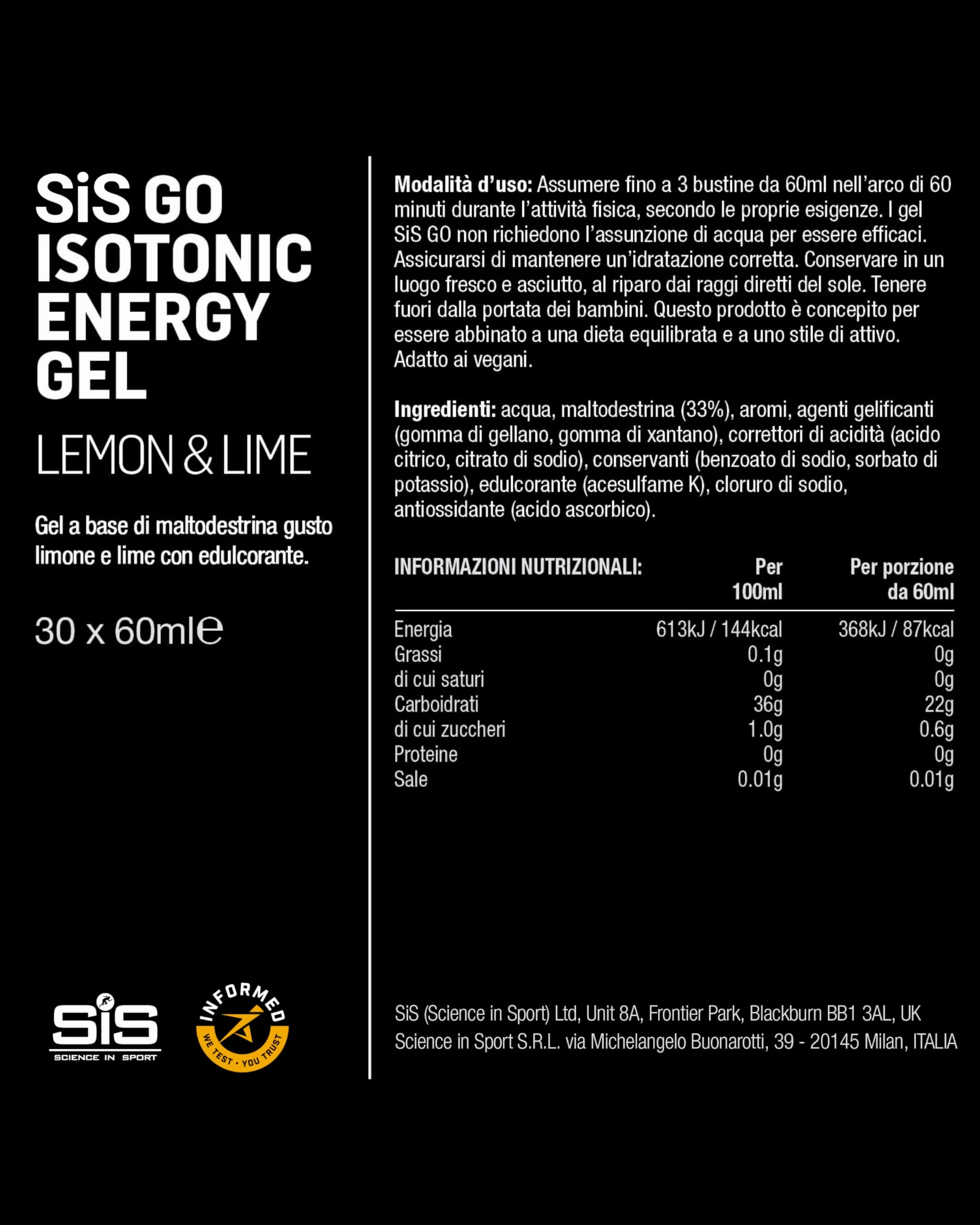 Science in Sport GO Isotonic Energy Gel 30x60ml Lima-Limón, Vegano, 22g Carbohidratos